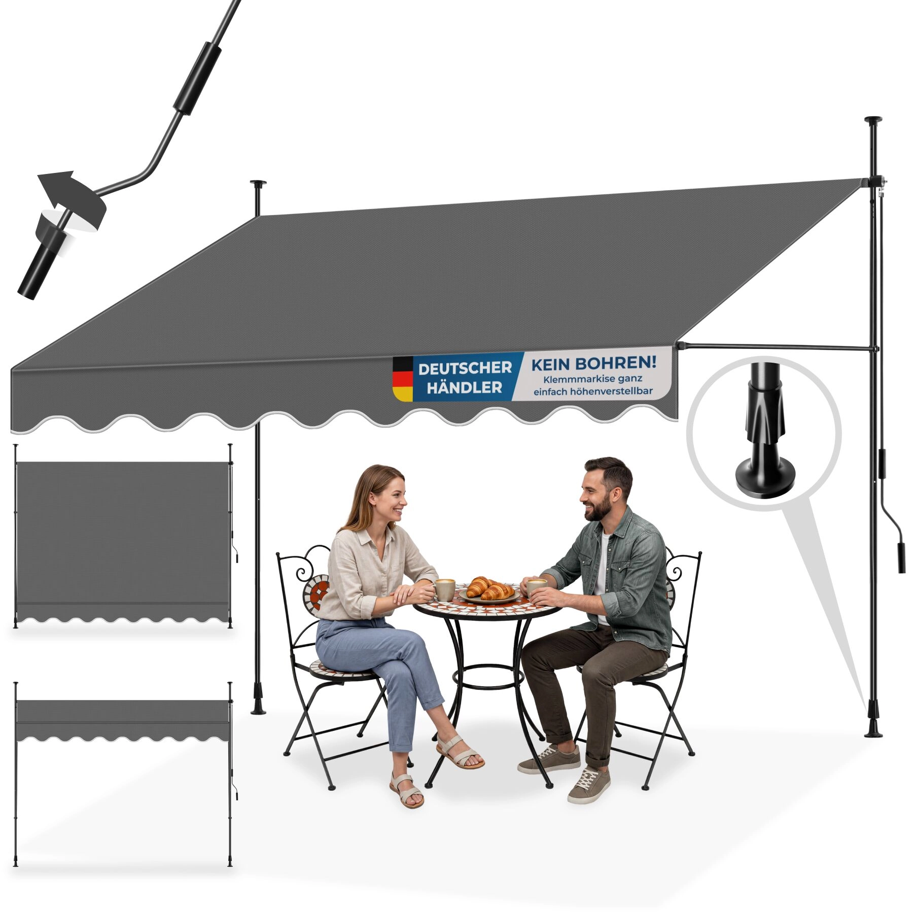 Klemmmarkise mit Handkurbel, höhenverstellbar - 300 x 180 cm, schwarz/grau