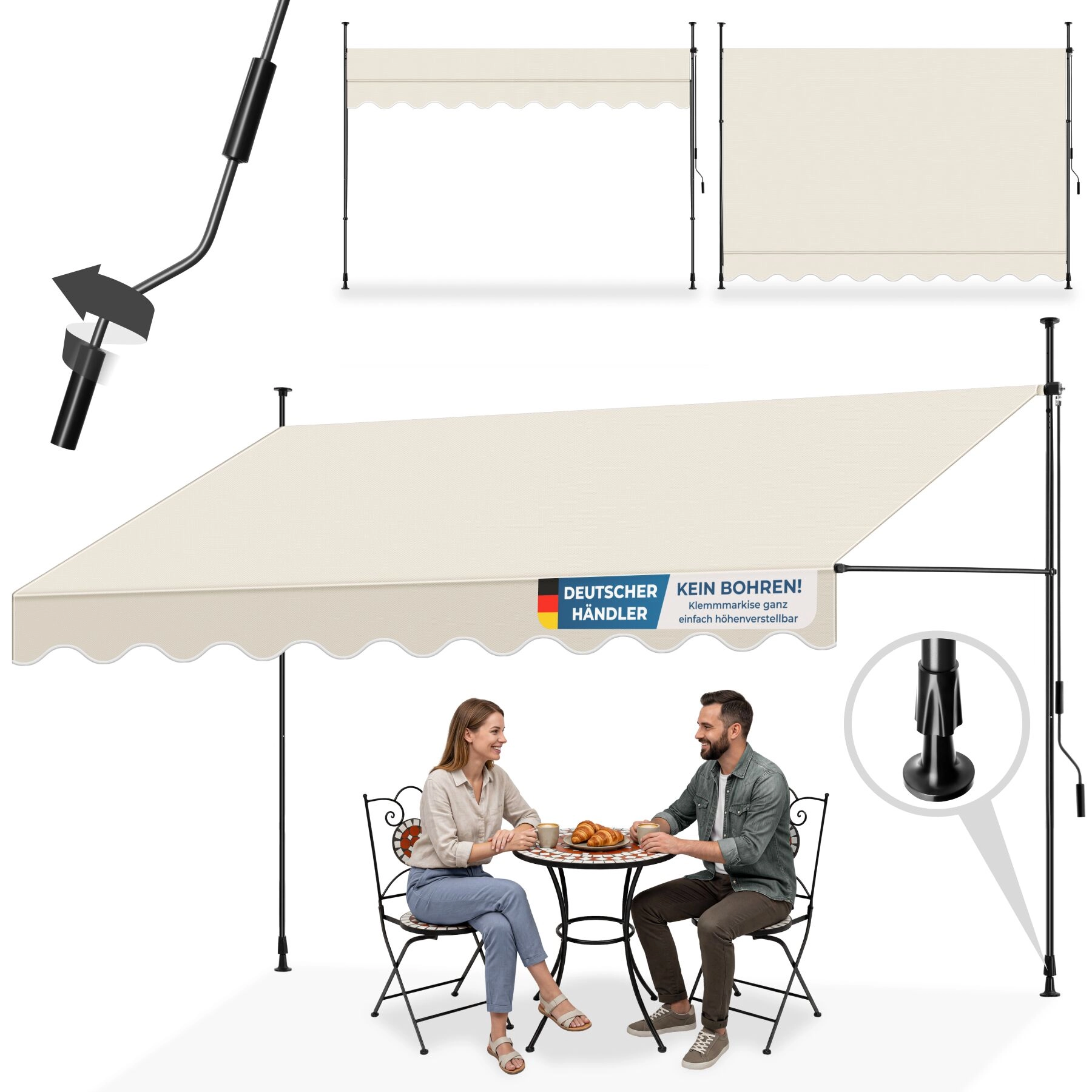 Klemmmarkise mit Handkurbel, höhenverstellbar - 350 x 180 cm, beige