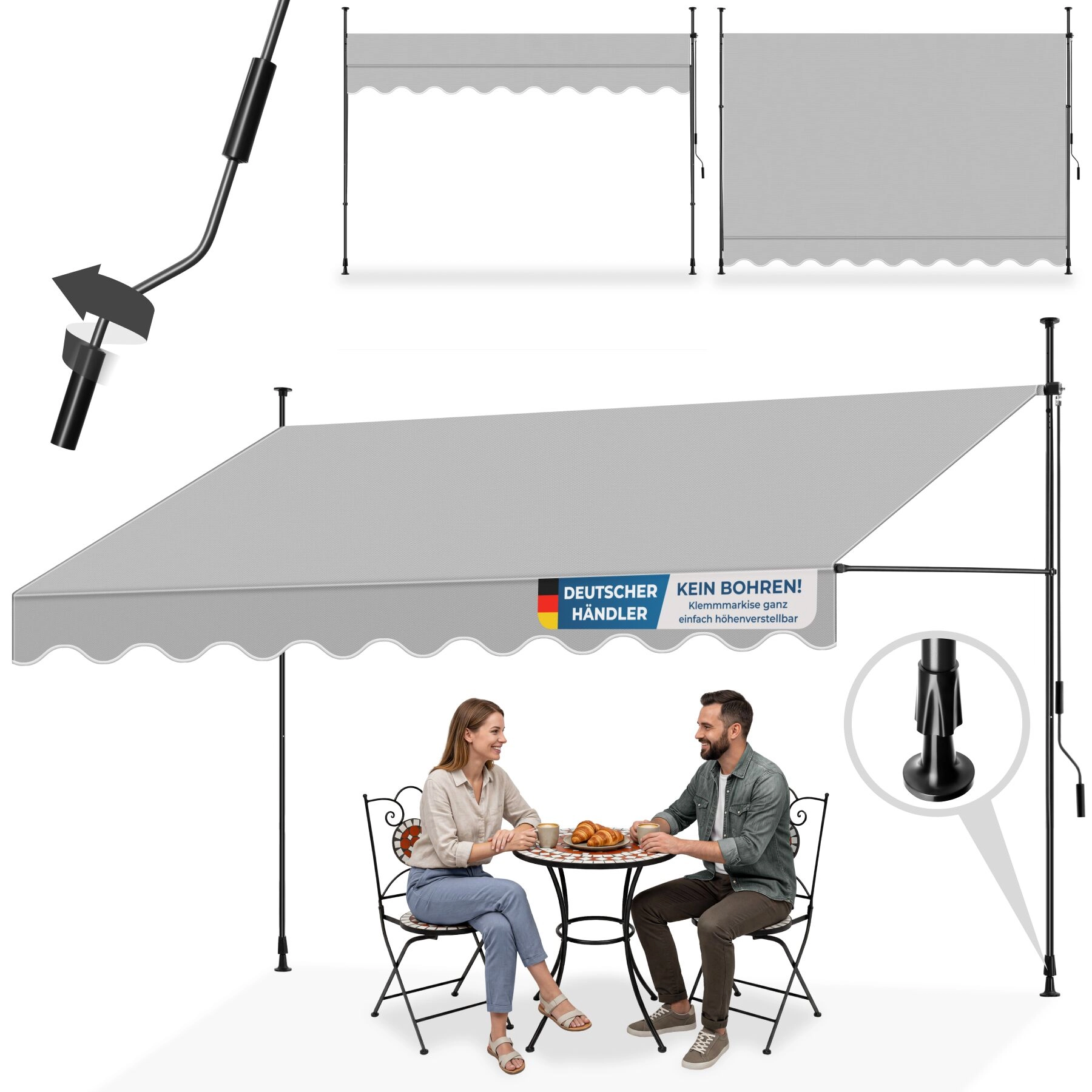 Klemmmarkise mit Handkurbel, höhenverstellbar - 350 x 180 cm, hellgrau