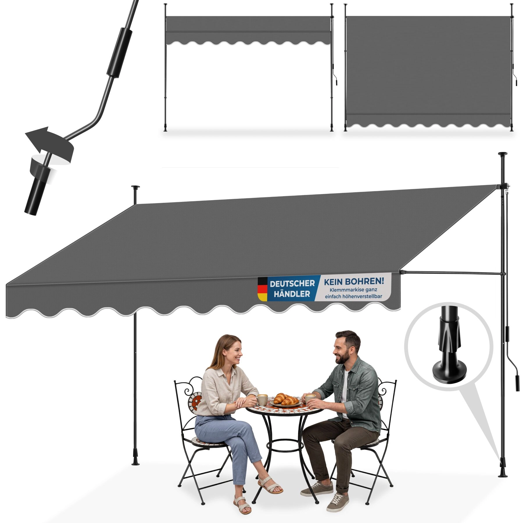 Klemmmarkise mit Handkurbel, höhenverstellbar - 350 x 180 cm, schwarz/grau