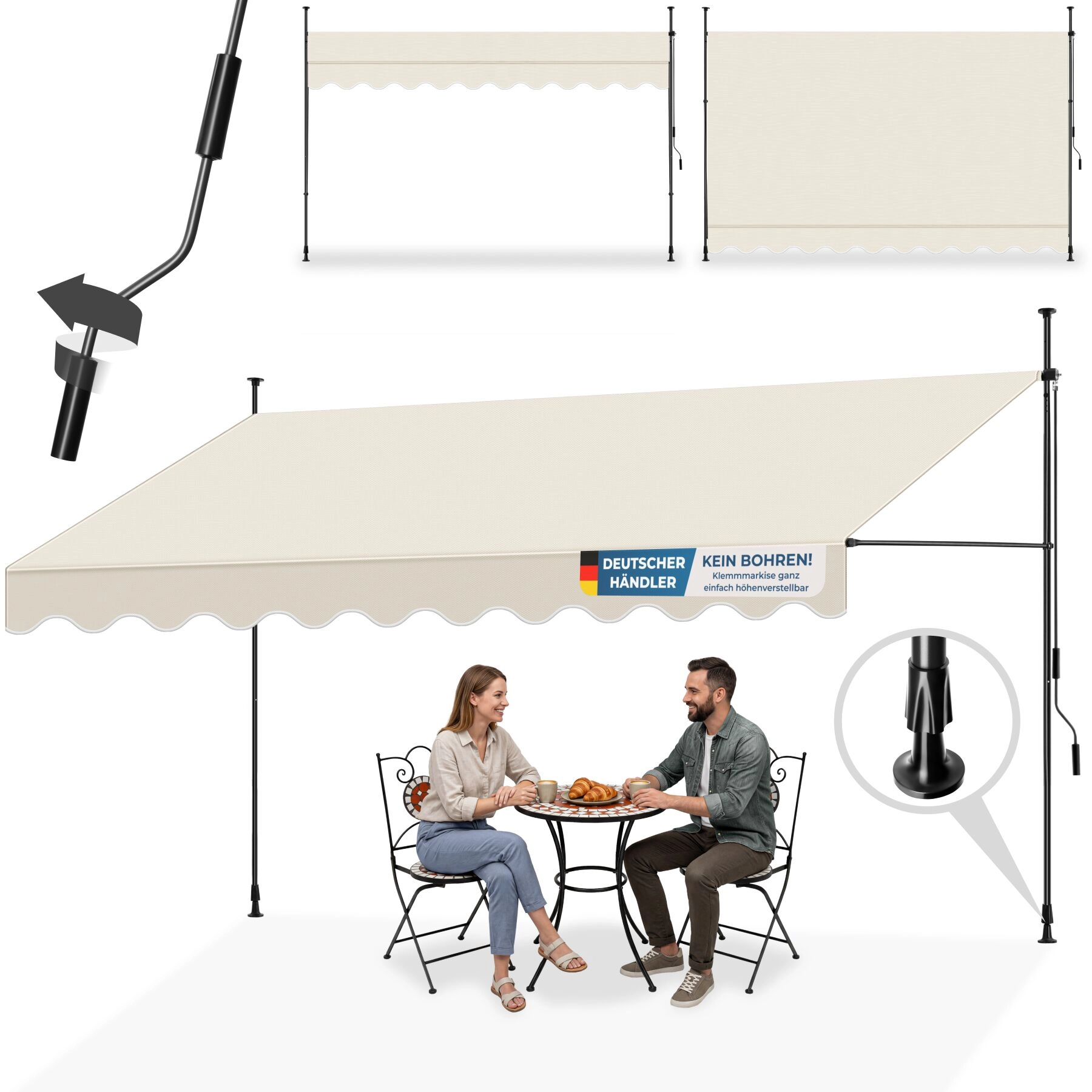 Klemmmarkise mit Handkurbel, höhenverstellbar - 400 x 180 cm, beige