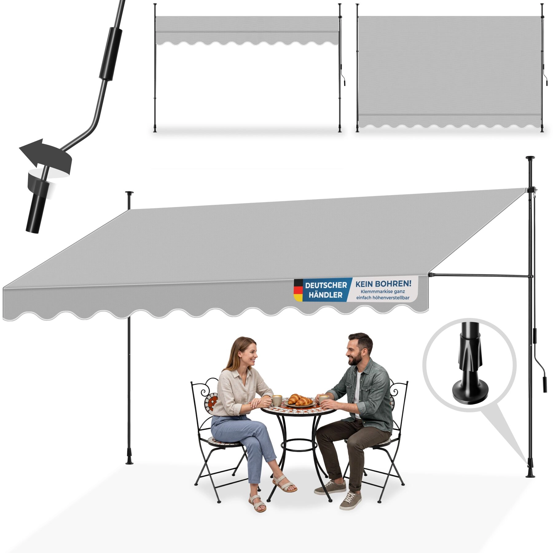 Klemmmarkise mit Handkurbel, höhenverstellbar - 400 x 180 cm, hellgrau