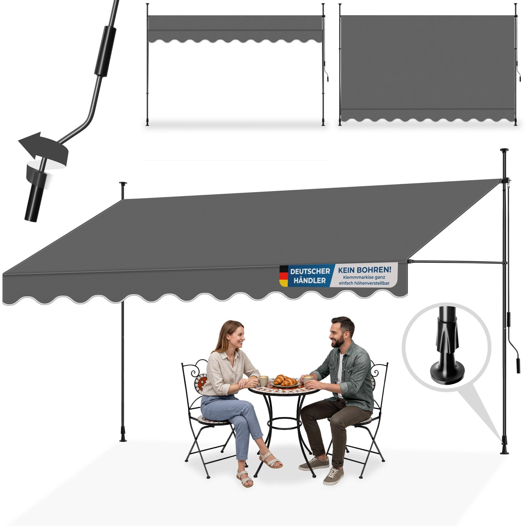 Klemmmarkise mit Handkurbel, höhenverstellbar - 400 x 180 cm, schwarz/grau