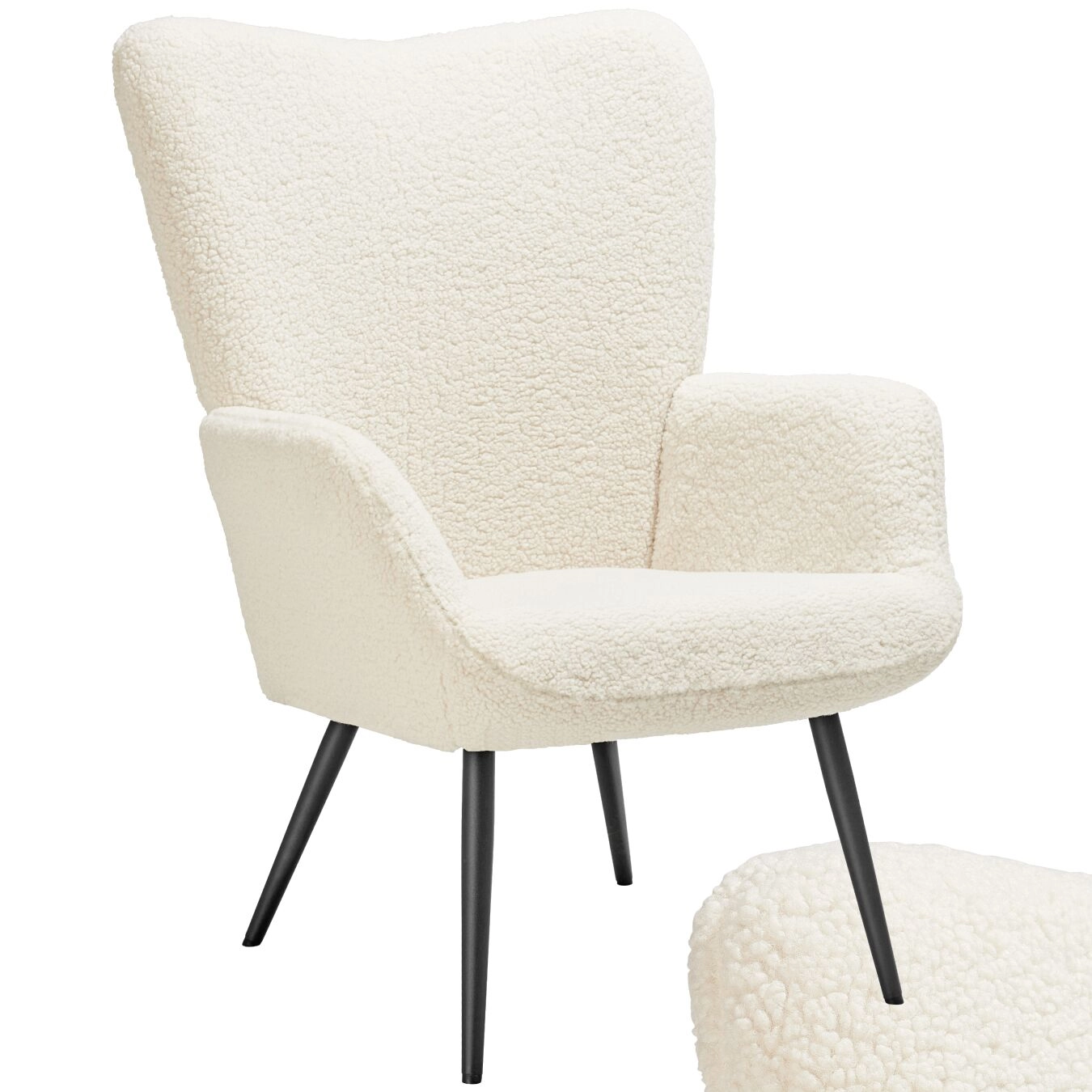 Sessel Hygge gepolstert, ergonomisch, Belastbarkeit 150 kg - ohne Hocker, Bouclé creme/schwarz