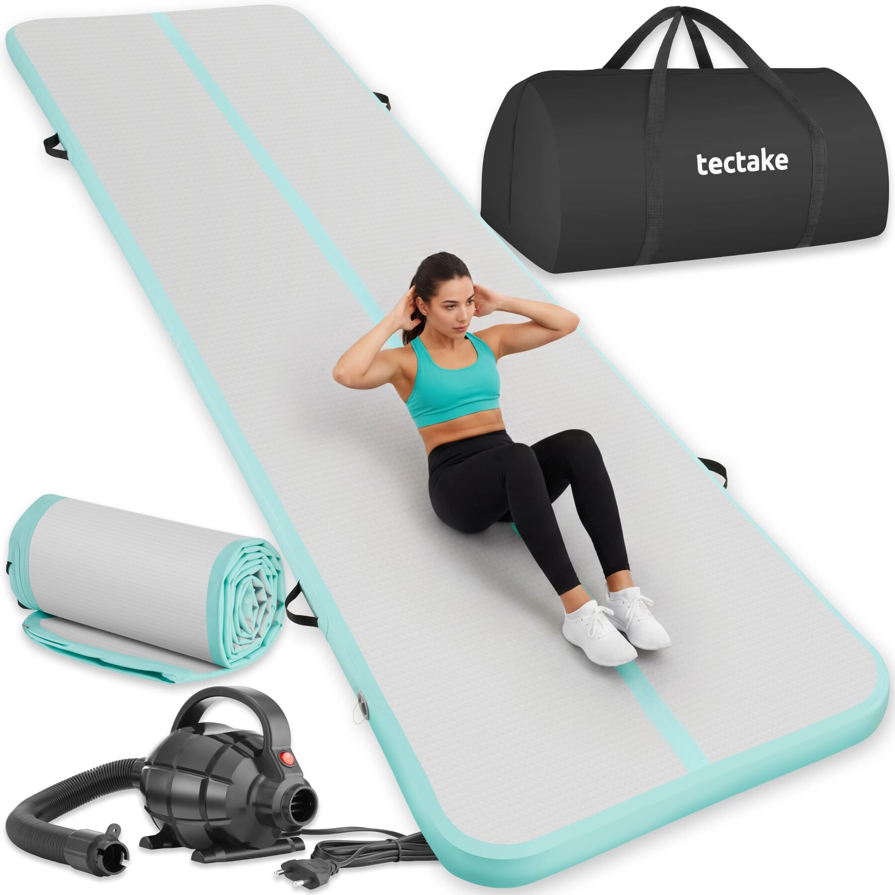 Aufblasbare Trainingsmatte AirFlexy mit elektr. Luftpumpe - grau/blau