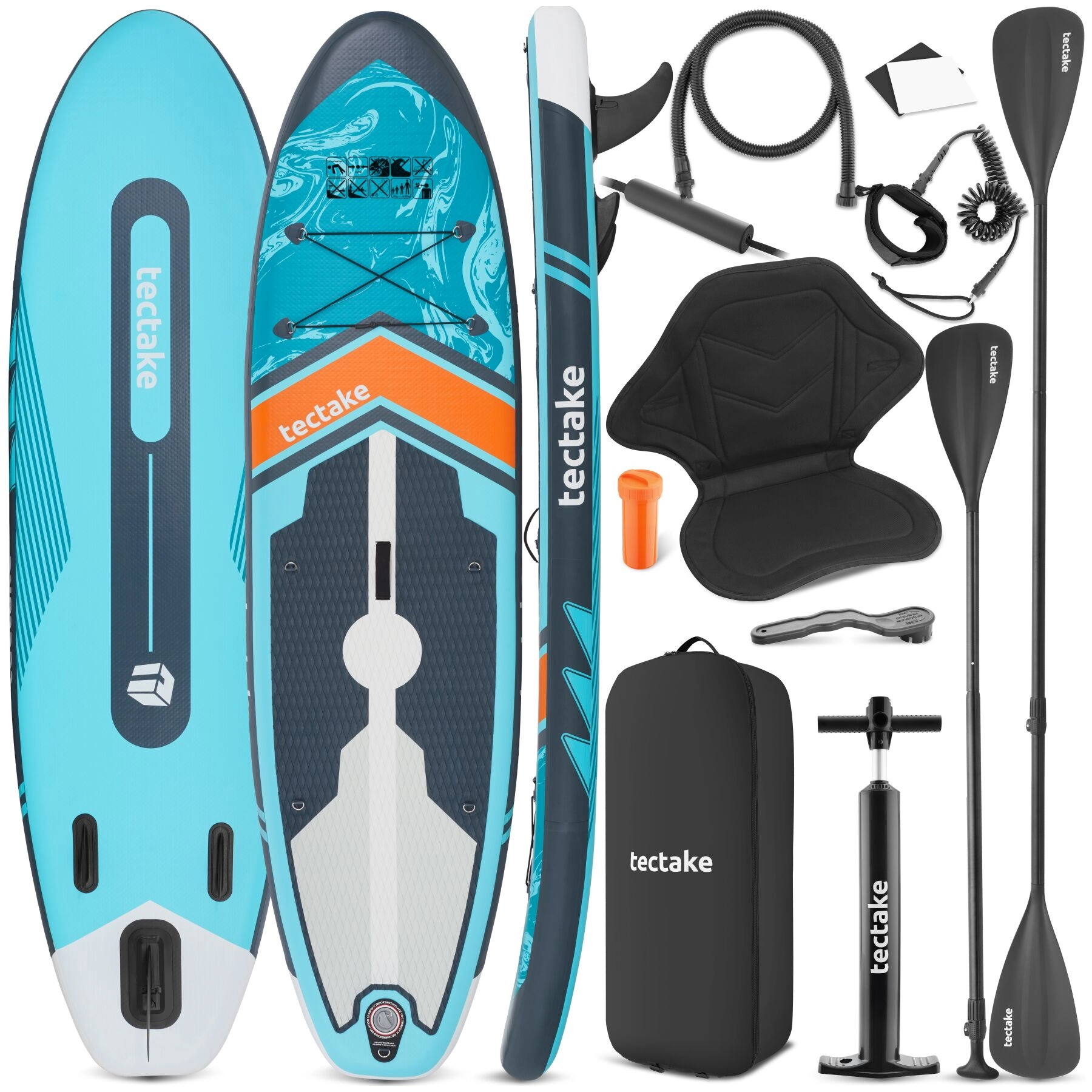 2in1 Stand-Up Paddle Board, 288 cm, aufblasbar, Komplettset - türkis/orange