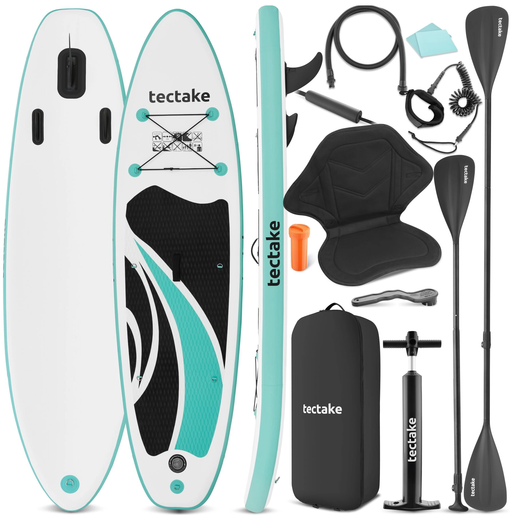 2in1 Stand-Up Paddle Board, 288 cm, aufblasbar, Komplettset - weiß/türkis