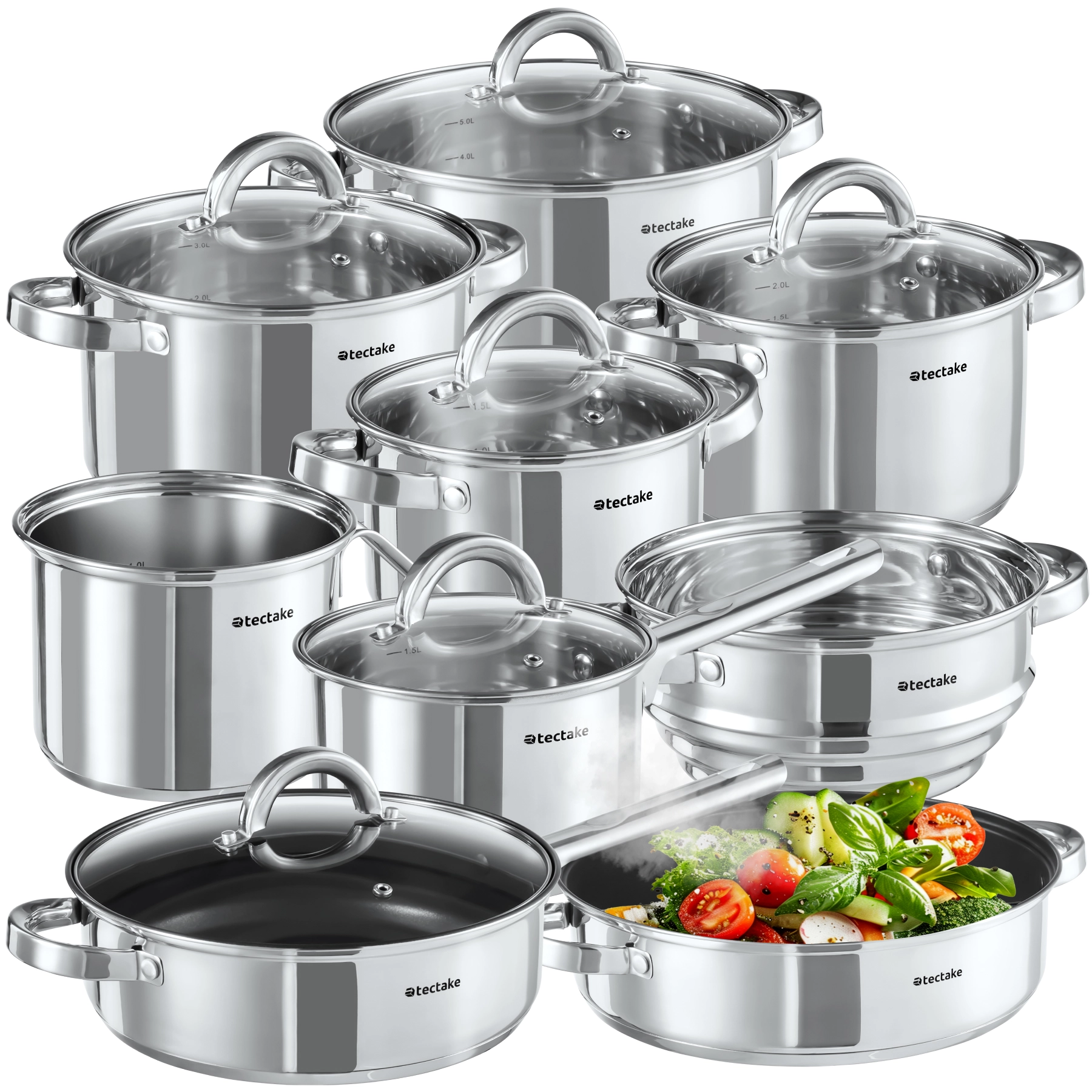 Kochtopfset Turin 15-tlg., Edelstahl, für Induktion geeignet - silber
