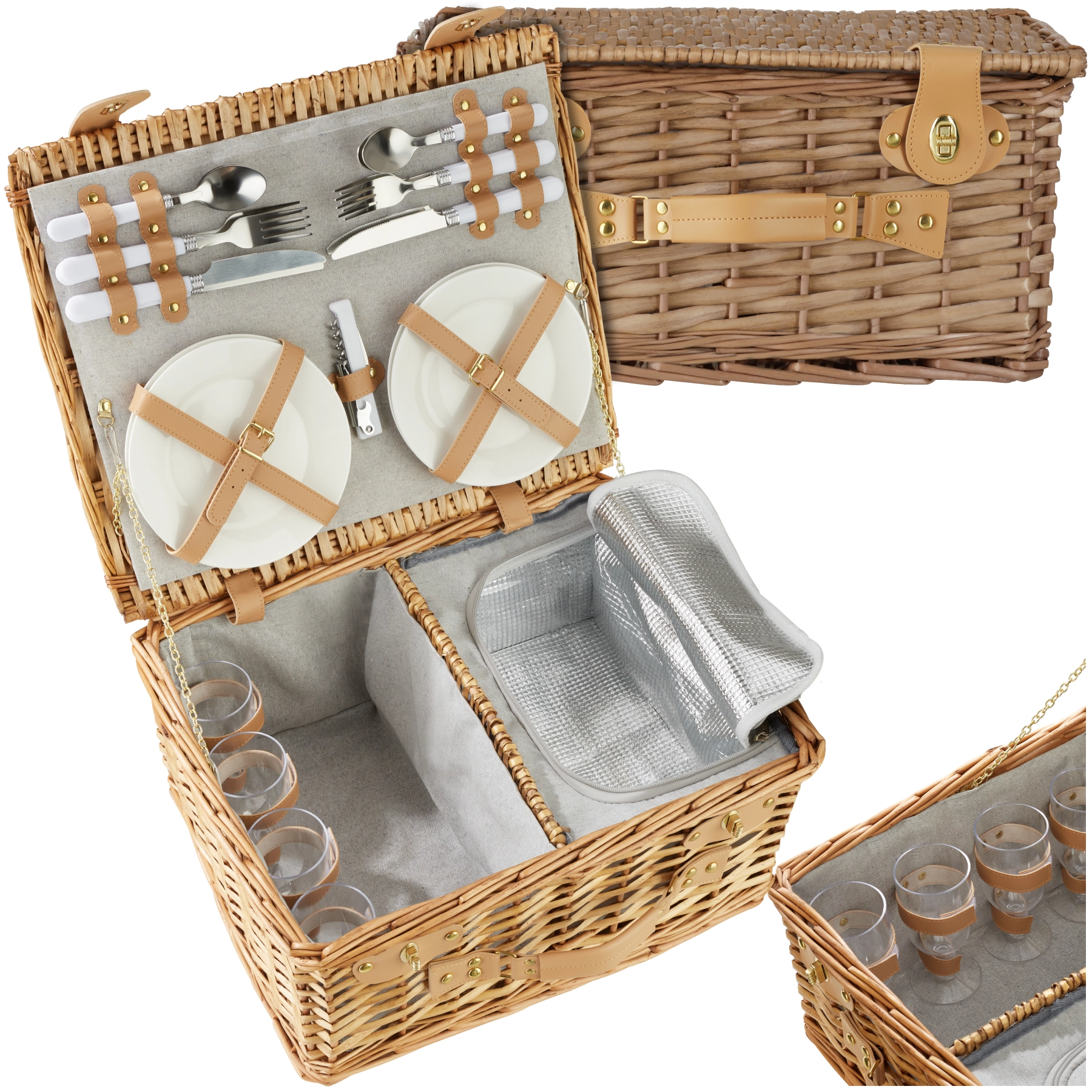 Picknickkorb Föhr für 4 Personen, mit Kühlfach & Zubehör - braun