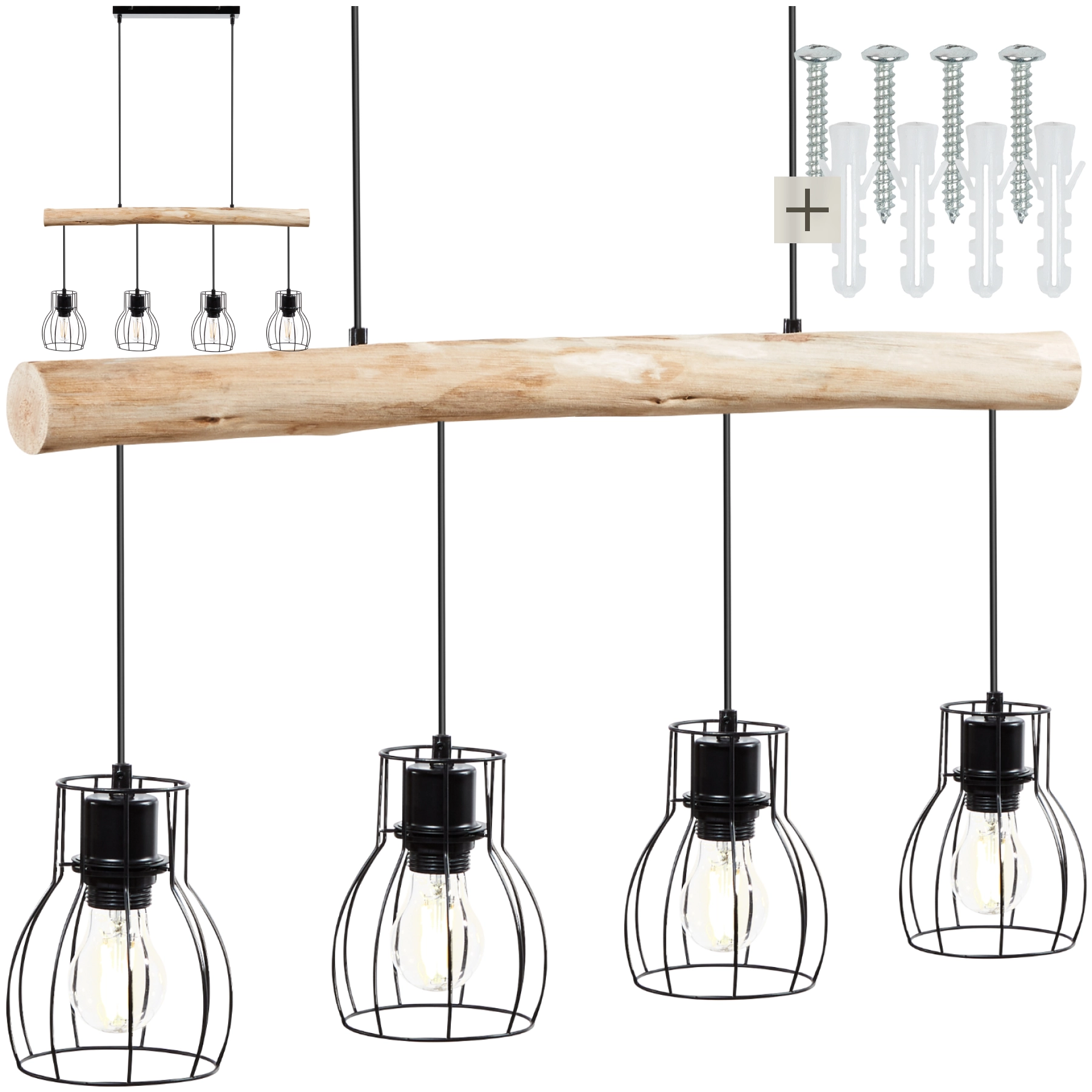 Pendelleuchte Woody, 4-flammig, mit Holzbalken, 40 W - schwarz/braun