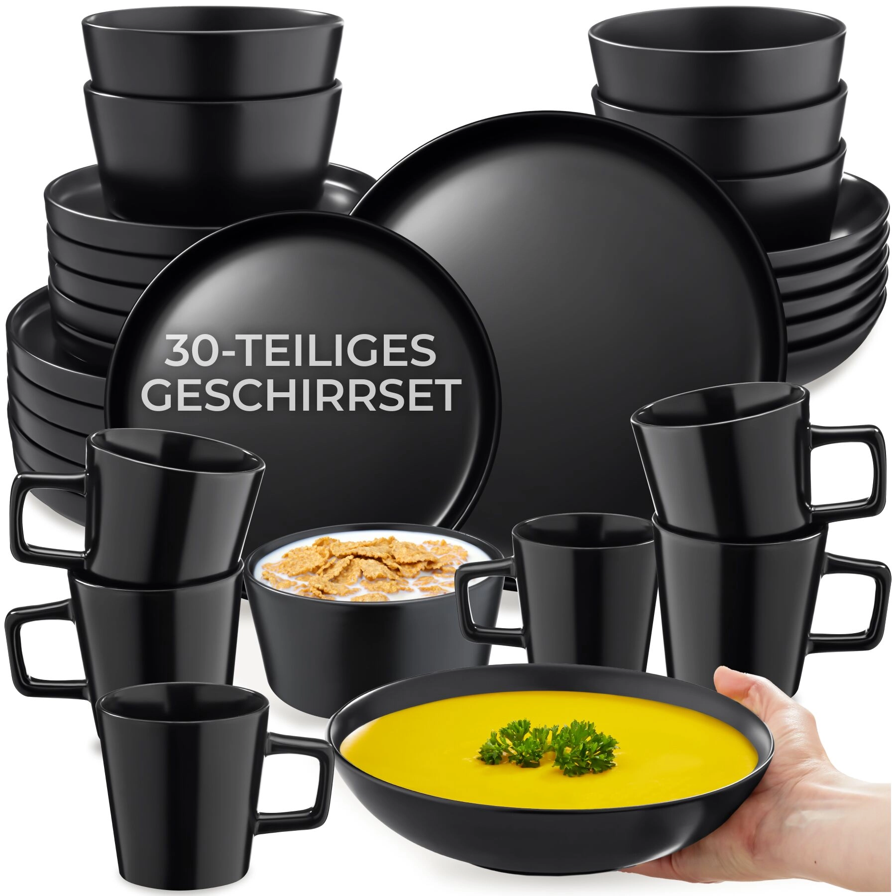 Geschirrset Una, aus Steingut, für 6 Personen - 30-tlg., schwarz