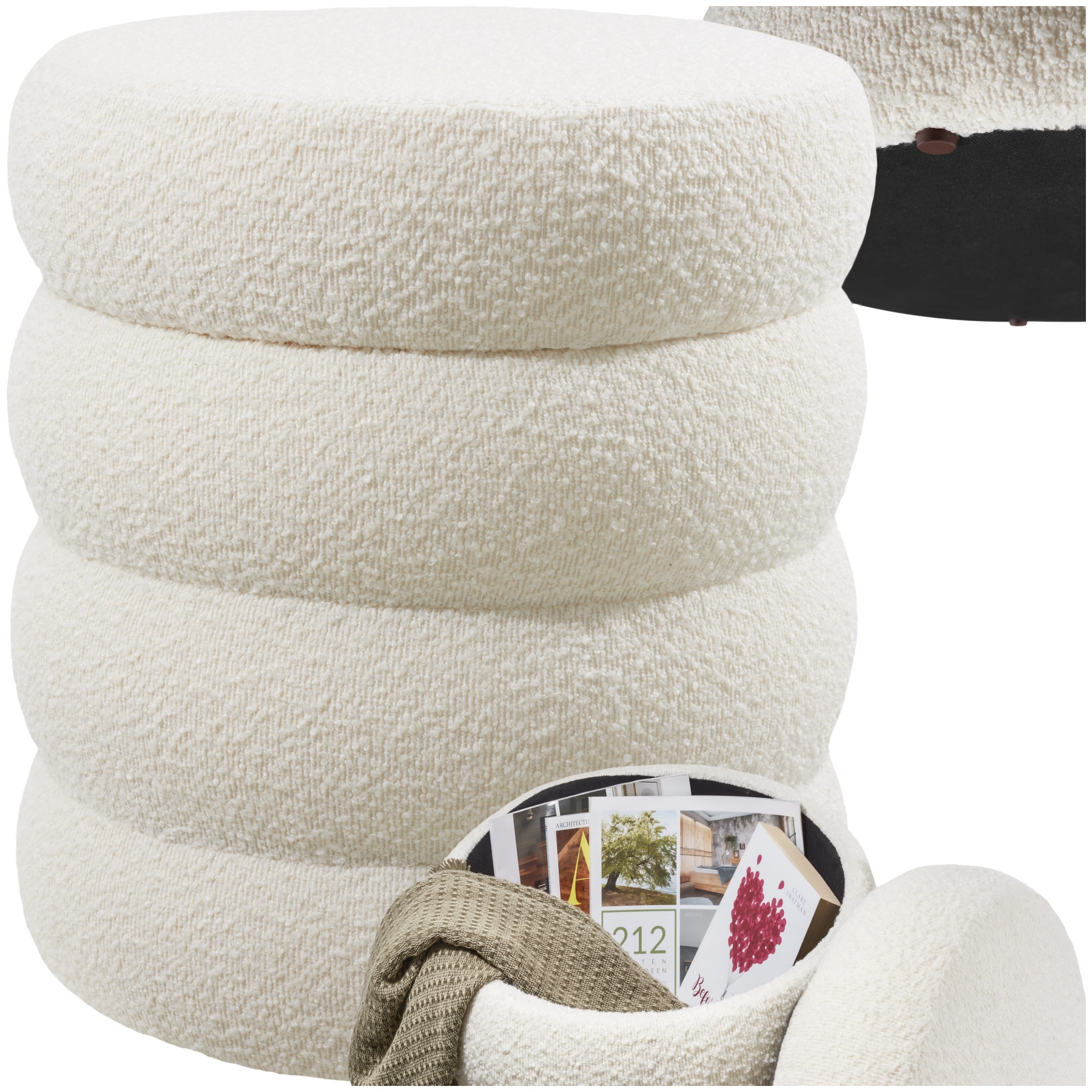 Sitzhocker Altu, gepolstert, Stauraum - Bouclé creme-weiß