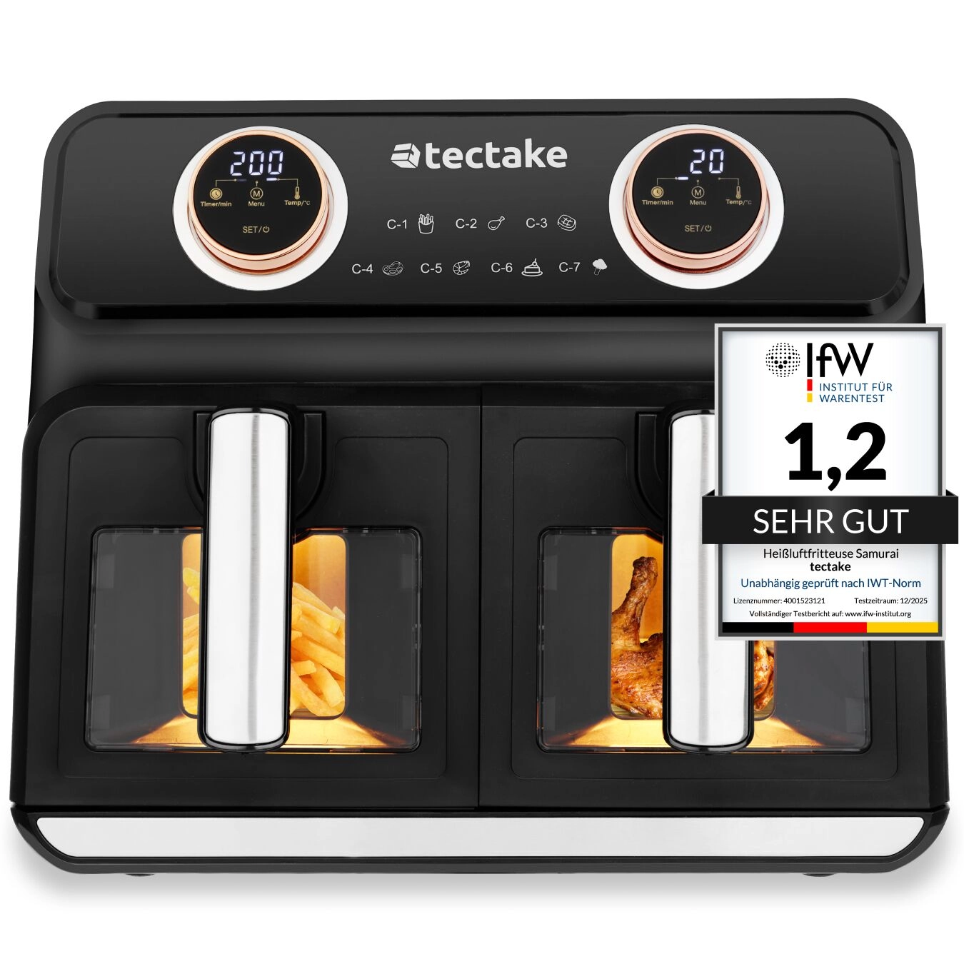 Heißluftfritteuse Samurai, 2 Garräume, 7 Programme, 2400W - schwarz