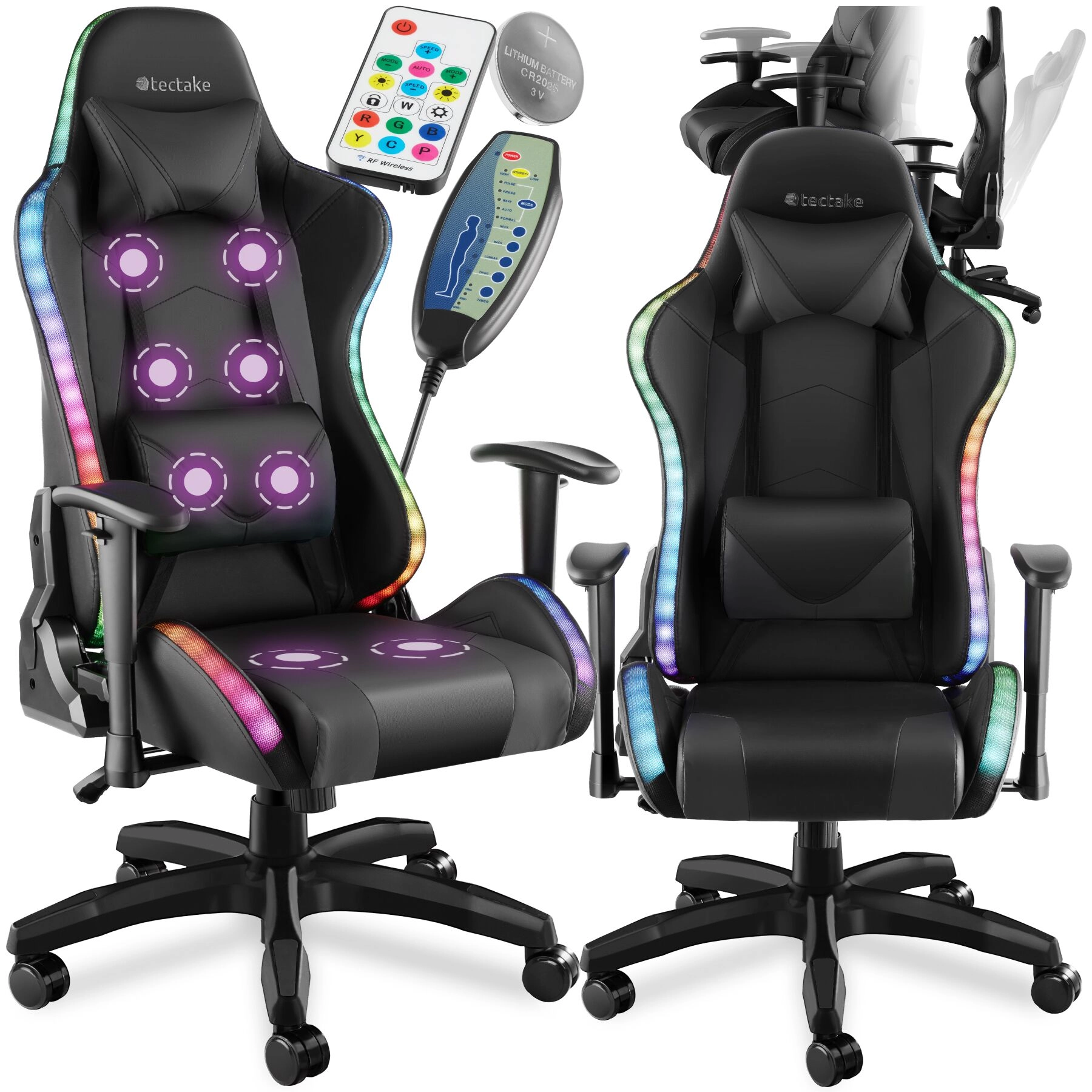 Gamingstuhl Tartaros, LED, Massagefunktion - schwarz/schwarz