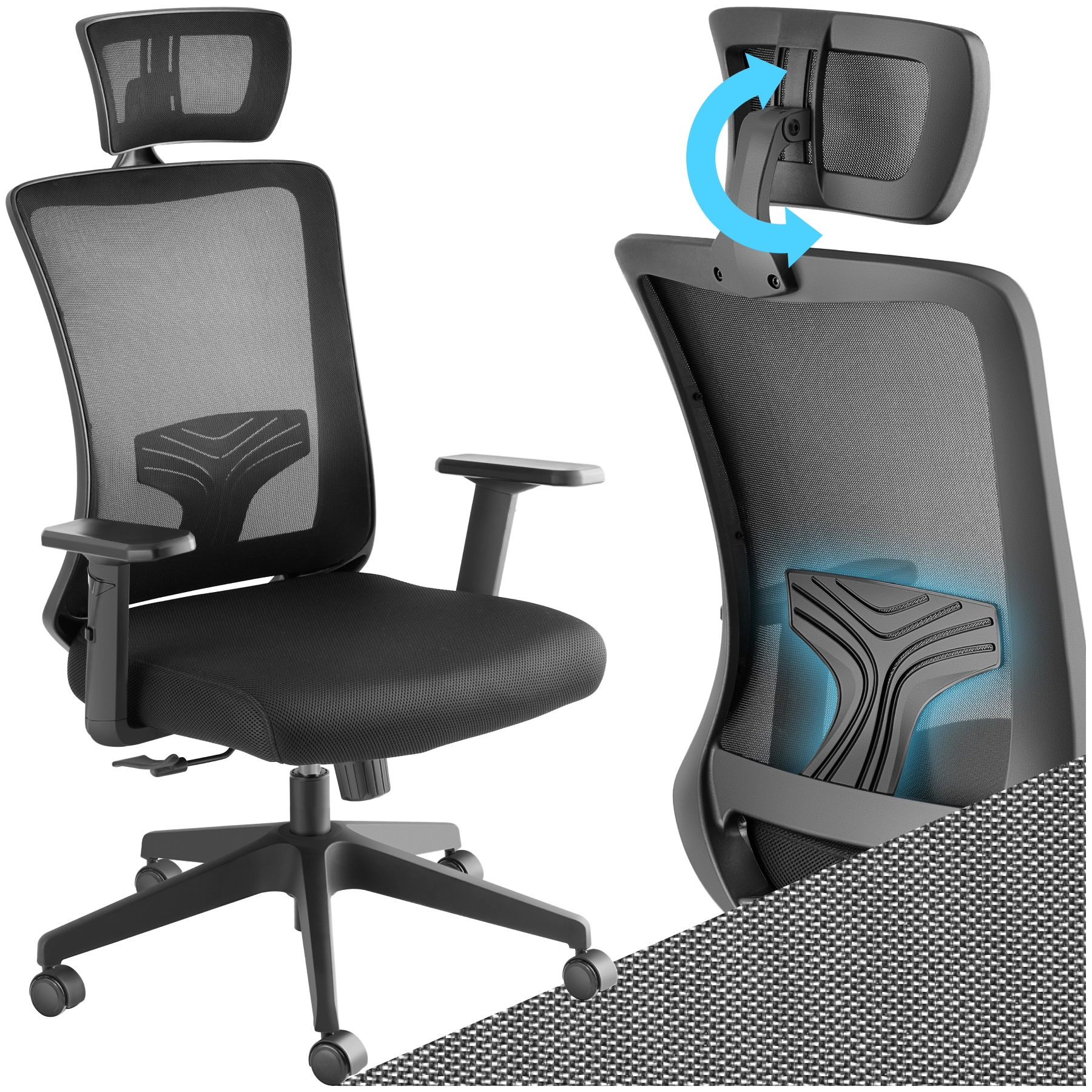 Bürostuhl Phoibe ergonomisch mit verstellbarer Kopfstütze - schwarz