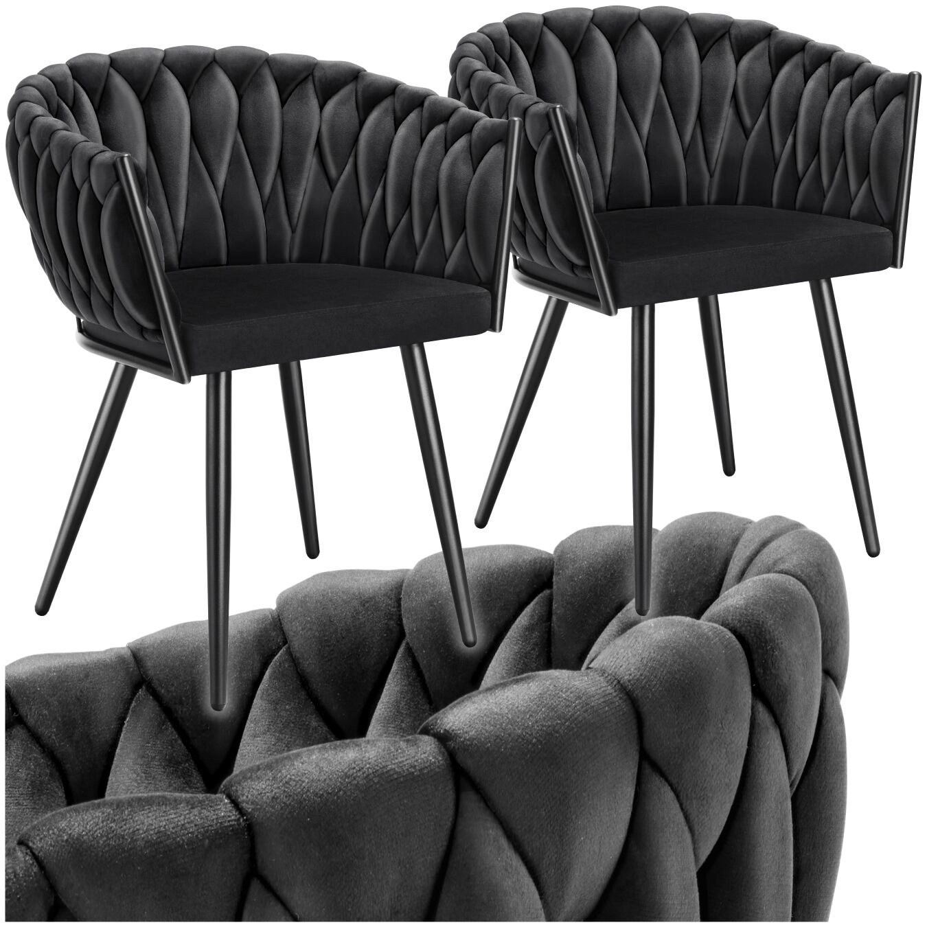 Set Esszimmerstuhl Astano Samt, Knotendesign - schwarz, 2er Set