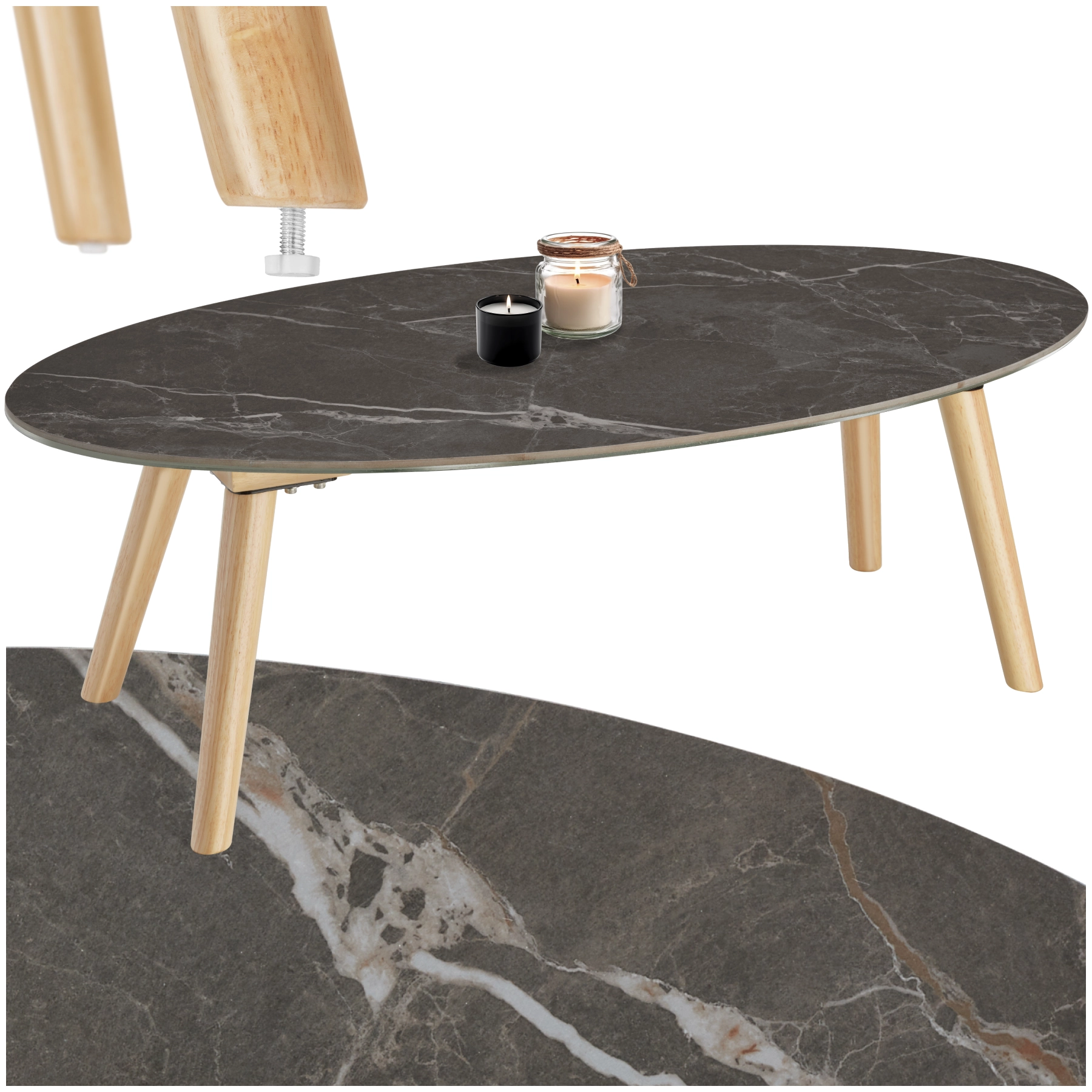 Ovaler Couchtisch Acerra, Marmoroptik 100x50x34,5 cm - natur
