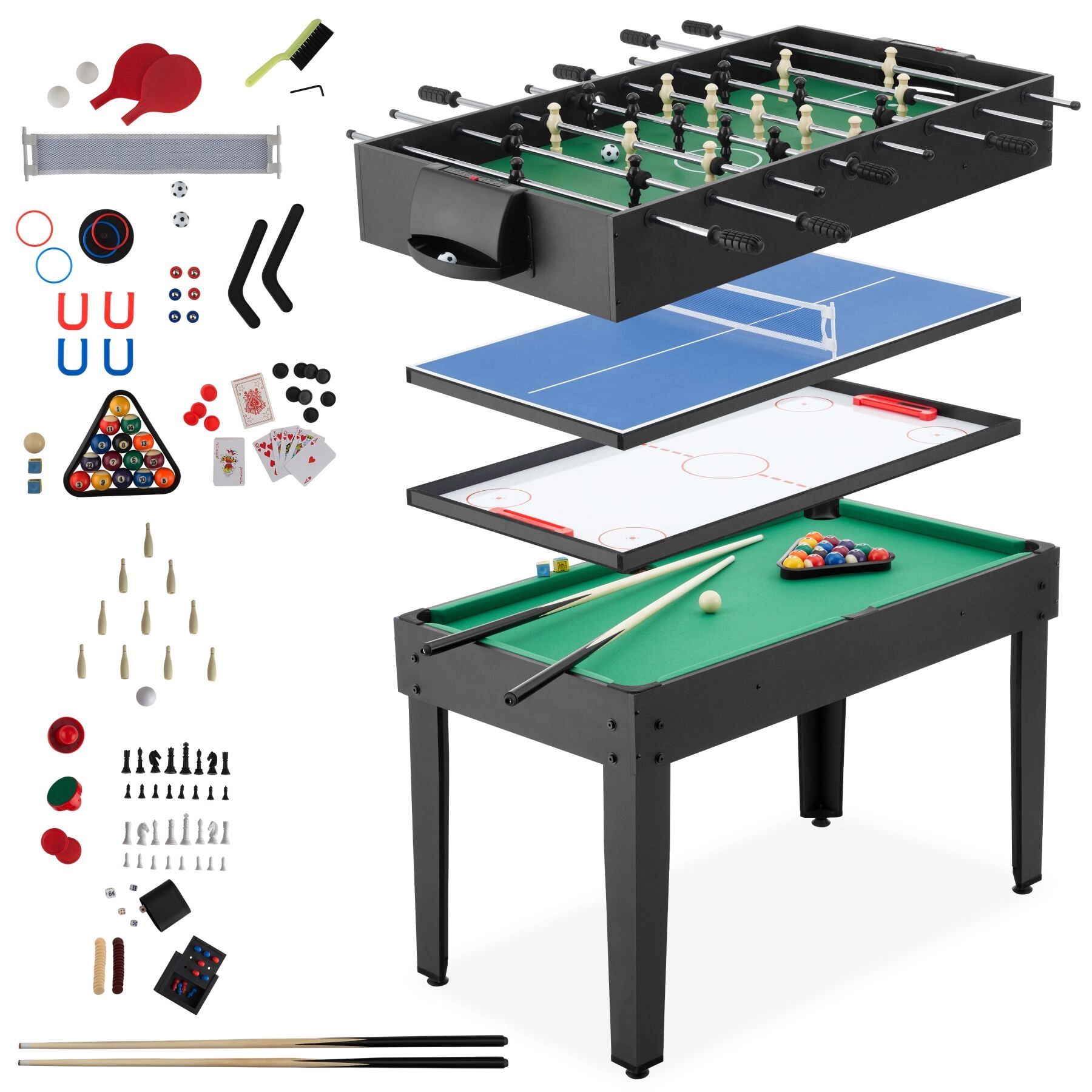 Multifunktionaler Spieltisch SirGameALot, 15in1, mit Zubehör - schwarz/grün