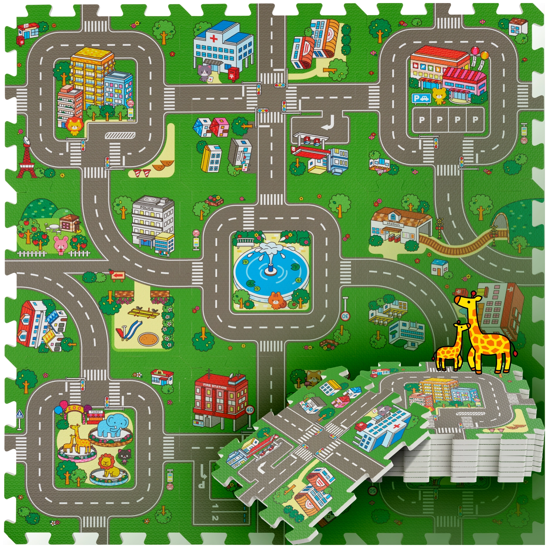 Puzzlematte MyCity, Stadt- und Straßen, 9-teilig, rutschfest - bunt