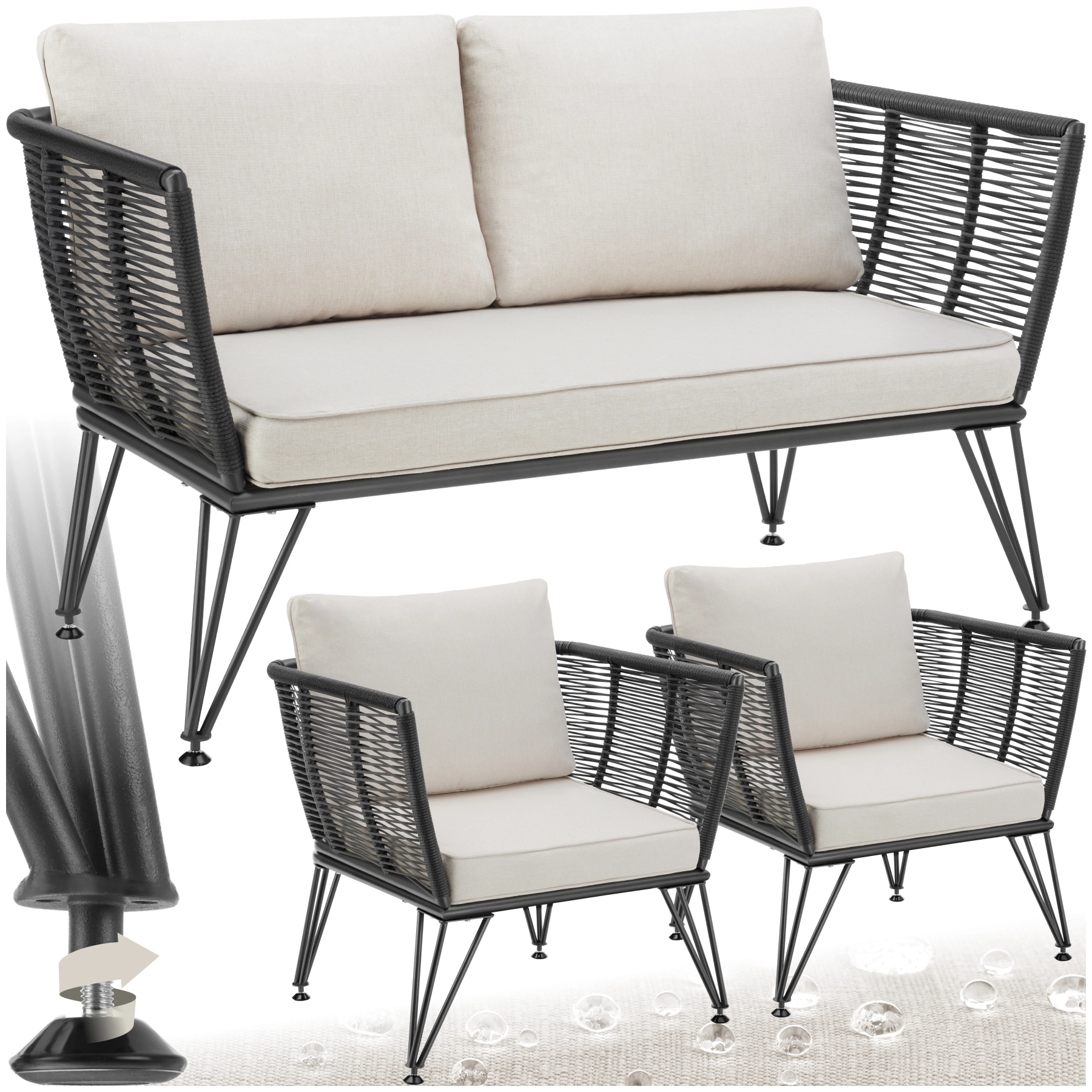 Garten-Loungeset Sundo im Rope-Design mit Polyrattan - anthrazit