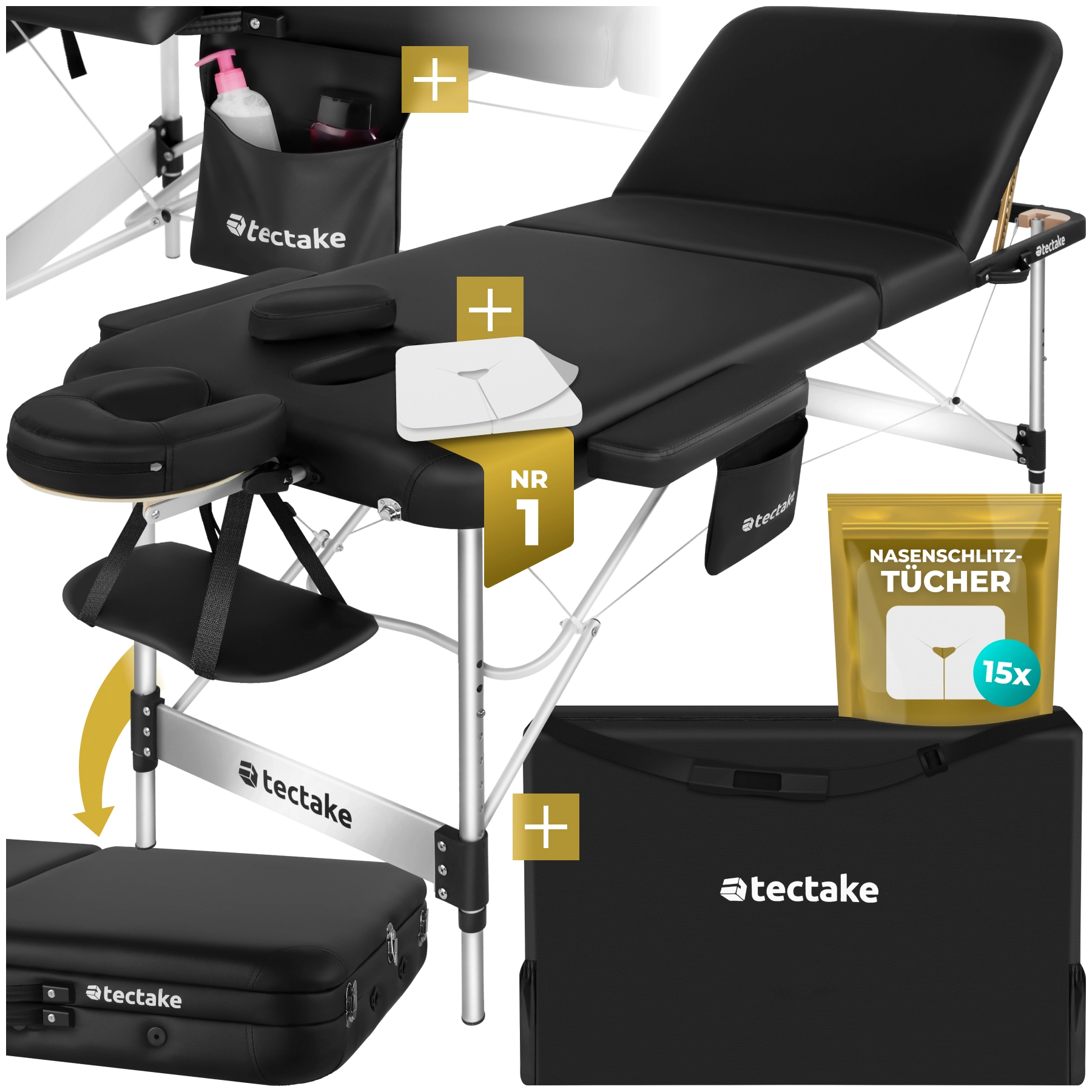 3 Zonen Massageliege Phuket, Tragetasche, Aluminiumgestell - schwarz