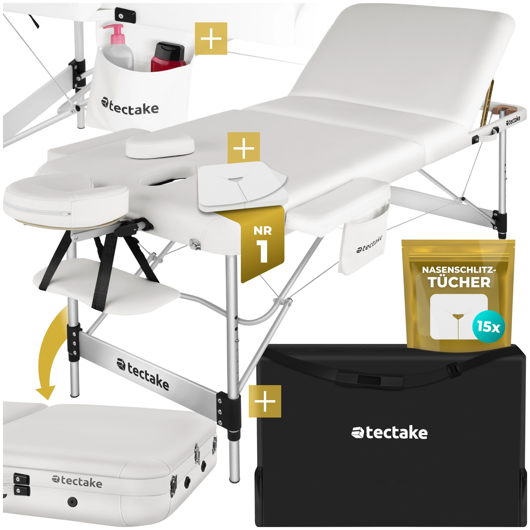 3 Zonen Massageliege Phuket, Tragetasche, Aluminiumgestell - weiß