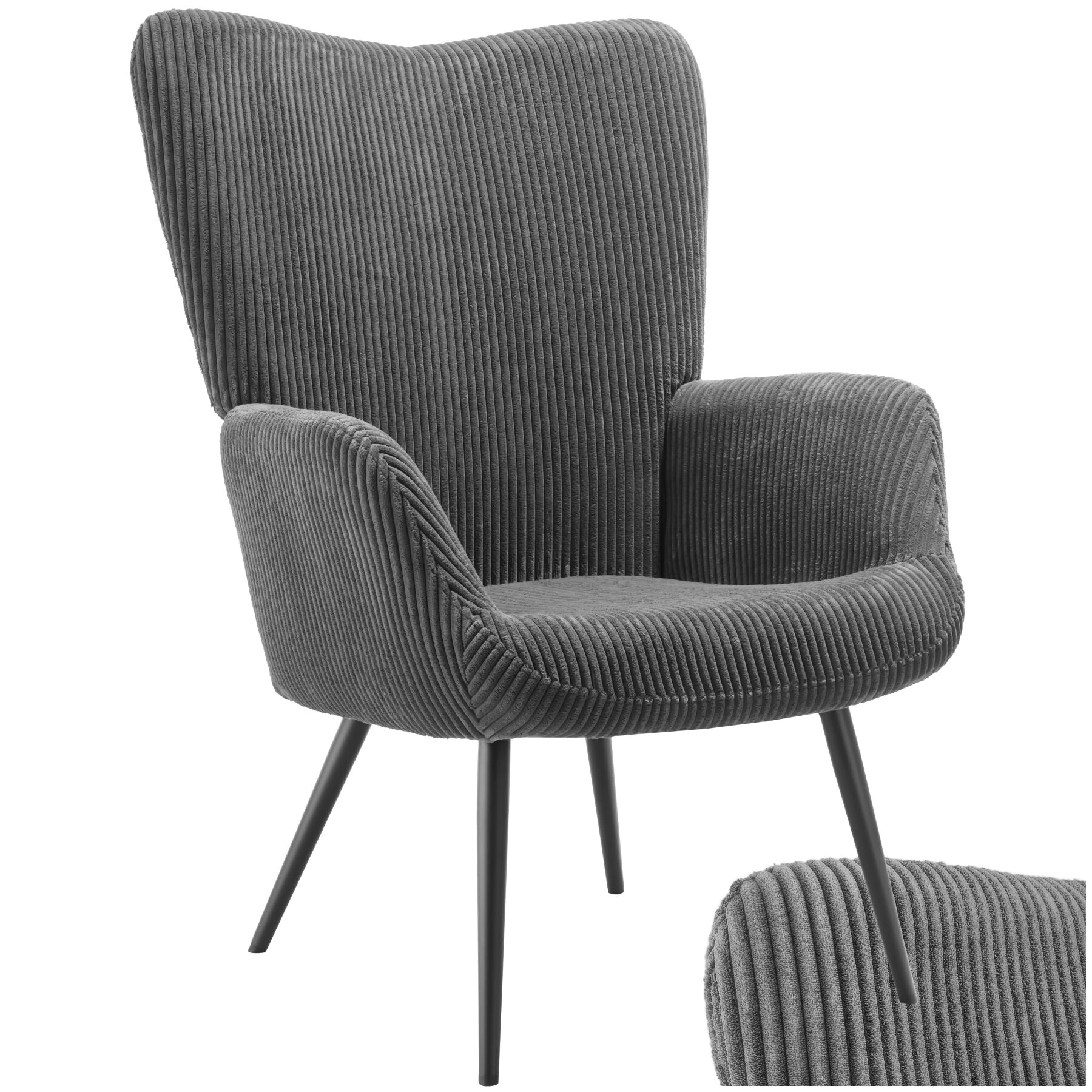 Sessel Hygge gepolstert, ergonomisch, Belastbarkeit 150 kg - ohne Hocker, Breitcord anthrazit/schwarz