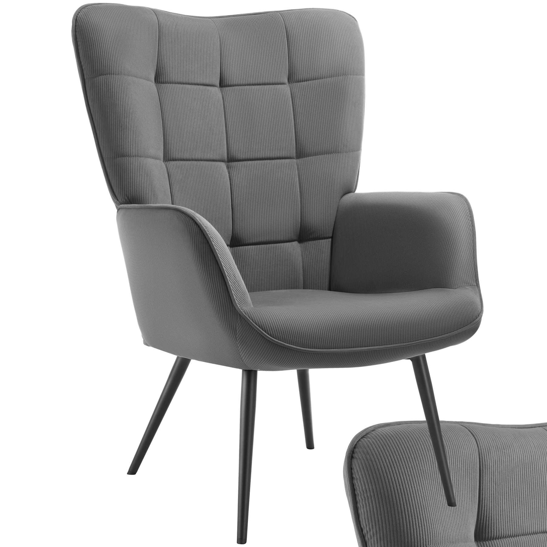 Sessel Hygge gepolstert, ergonomisch, Belastbarkeit 150 kg - ohne Hocker, Feincord anthrazit/schwarz