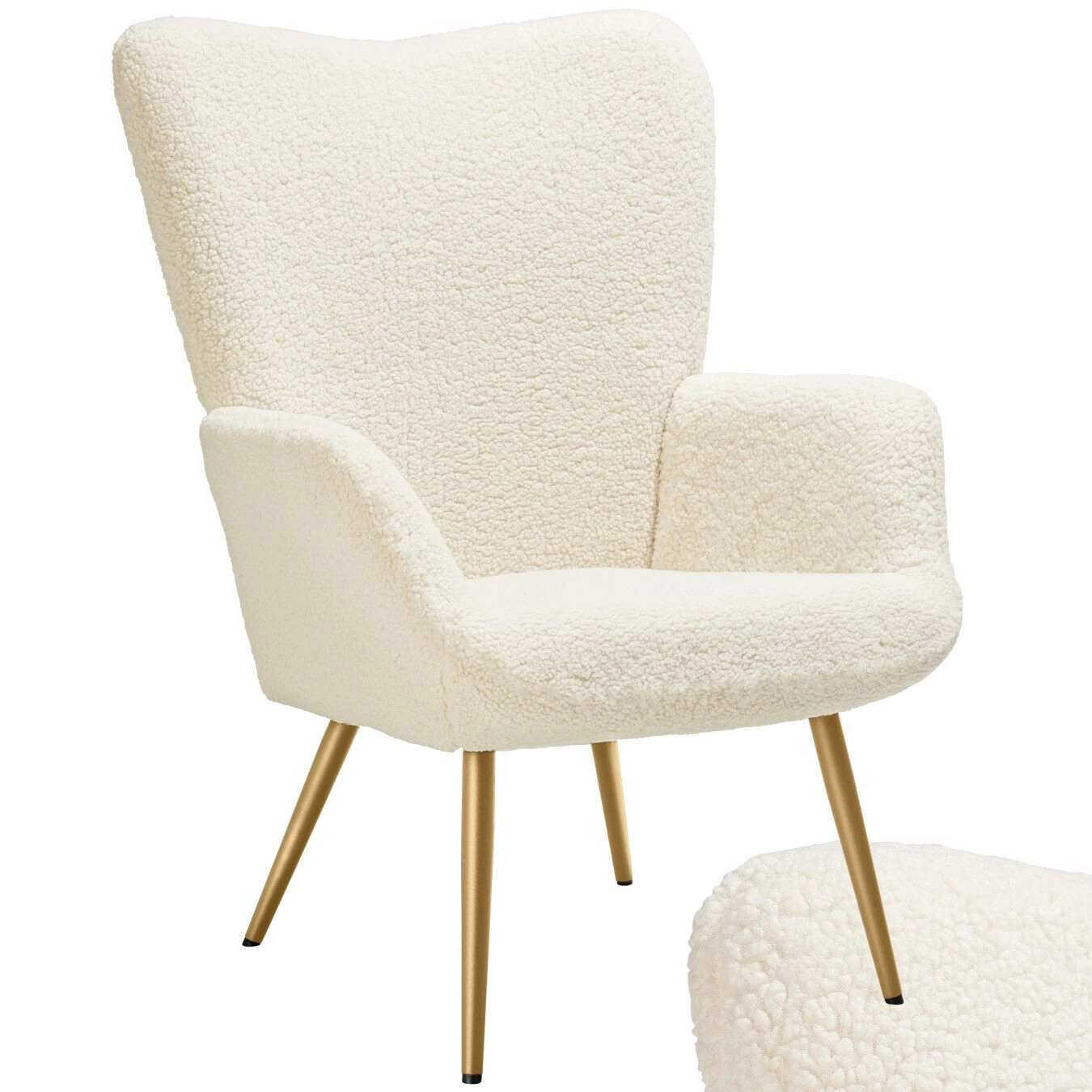 Sessel Hygge gepolstert, ergonomisch, Belastbarkeit 150 kg - ohne Hocker, Bouclé creme/gold