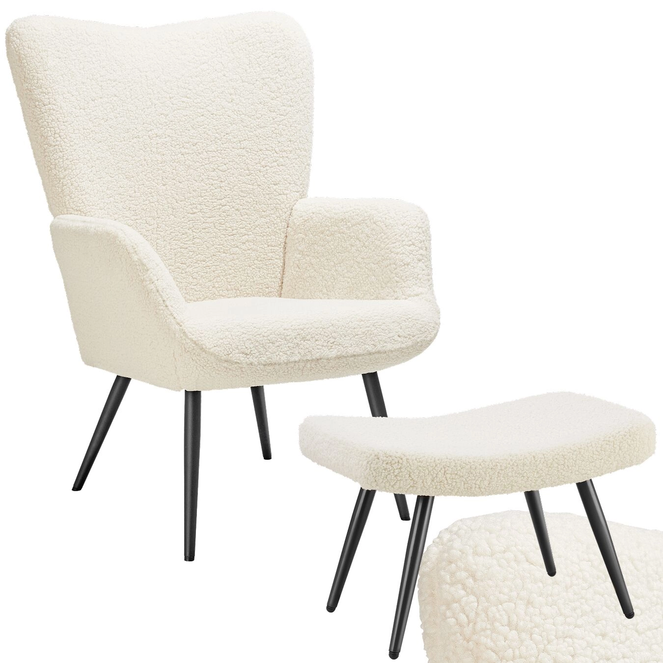 Sessel Hygge gepolstert, ergonomisch, Belastbarkeit 150 kg - mit Hocker, Bouclé creme/schwarz