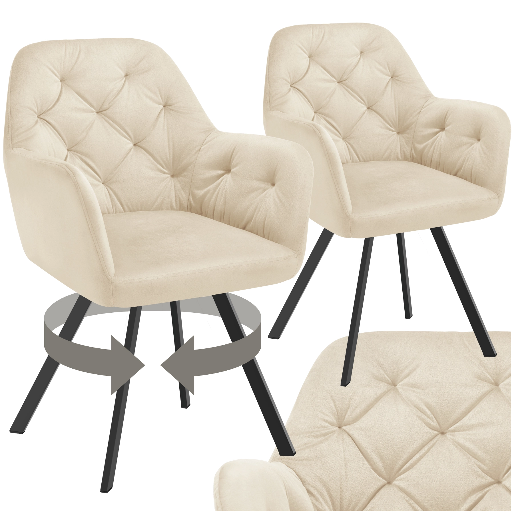 Drehbarer Samt-Armlehnstuhl Lucia, gepolstert - creme, 2er Set