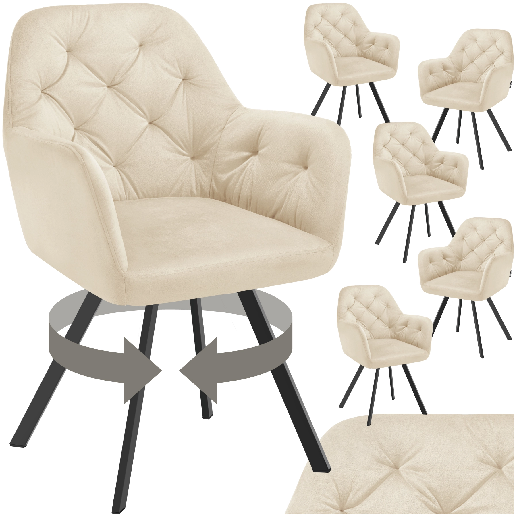 Drehbarer Samt-Armlehnstuhl Lucia, gepolstert - creme, 6er Set