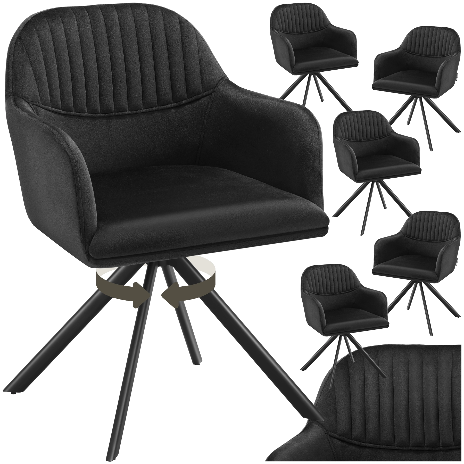 Samt-Drehstuhl Lona mit dicker Polsterung - schwarz/schwarz, 6er Set