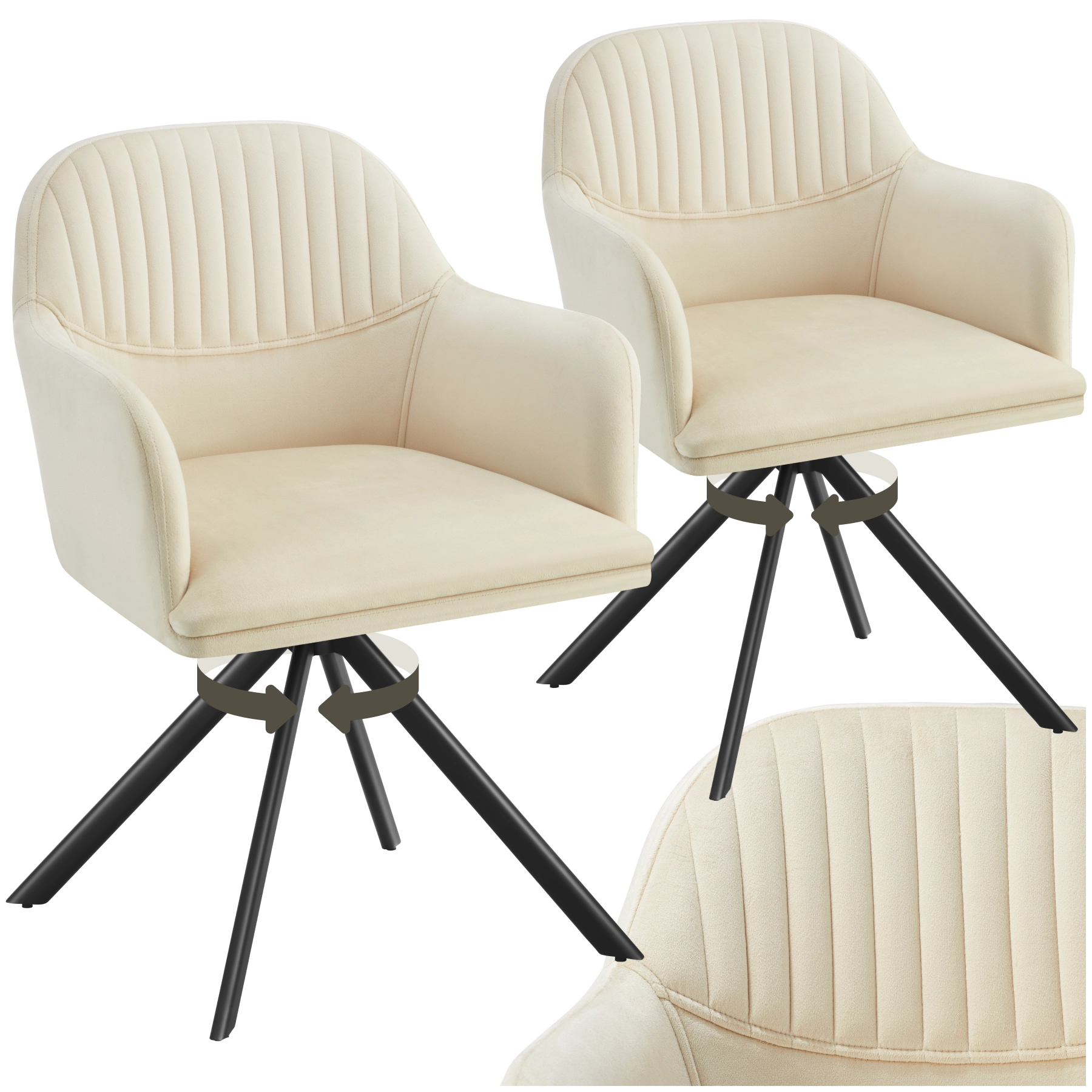 Samt-Drehstuhl Lona mit dicker Polsterung - creme/schwarz, 2er Set