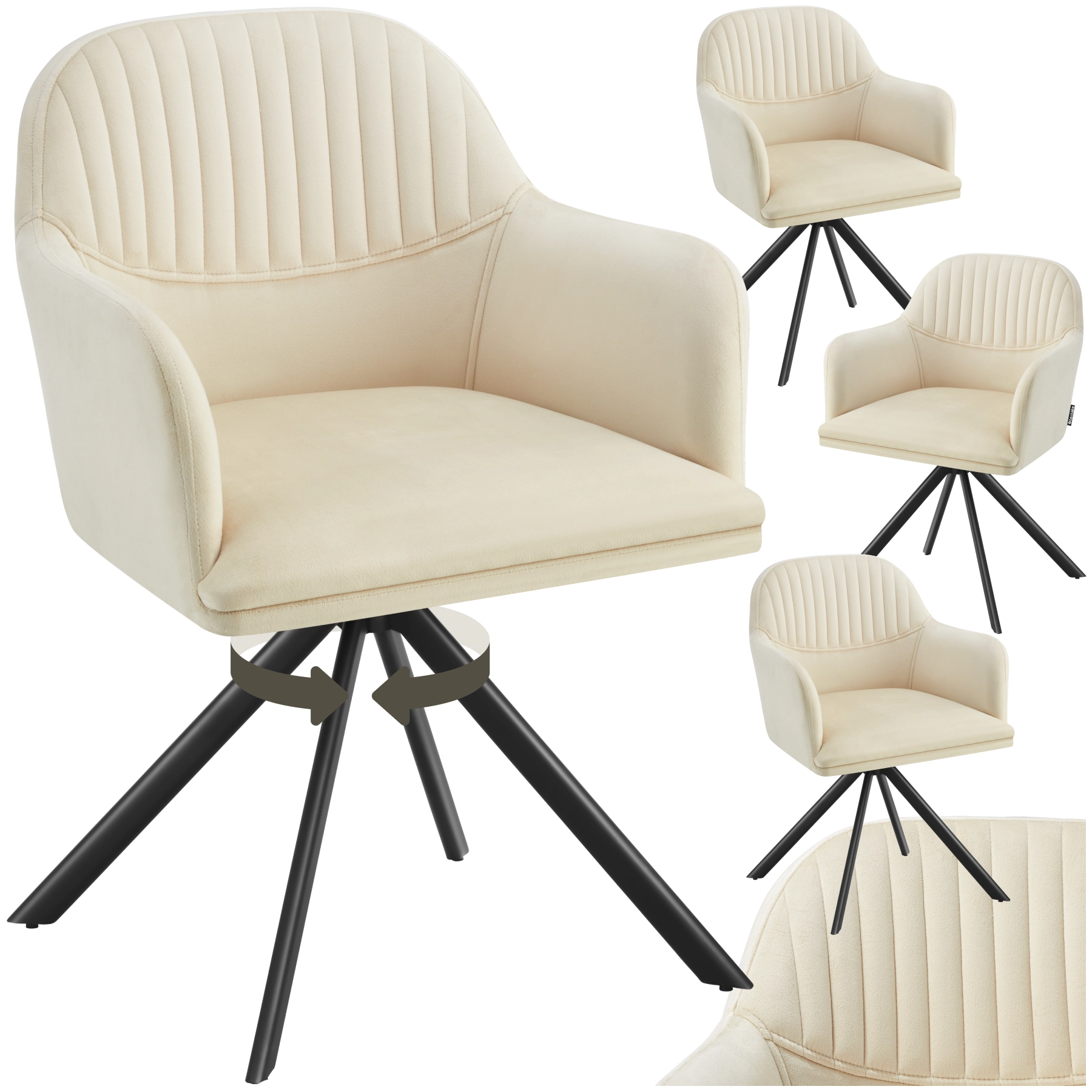 Samt-Drehstuhl Lona mit dicker Polsterung - creme/schwarz, 4er Set