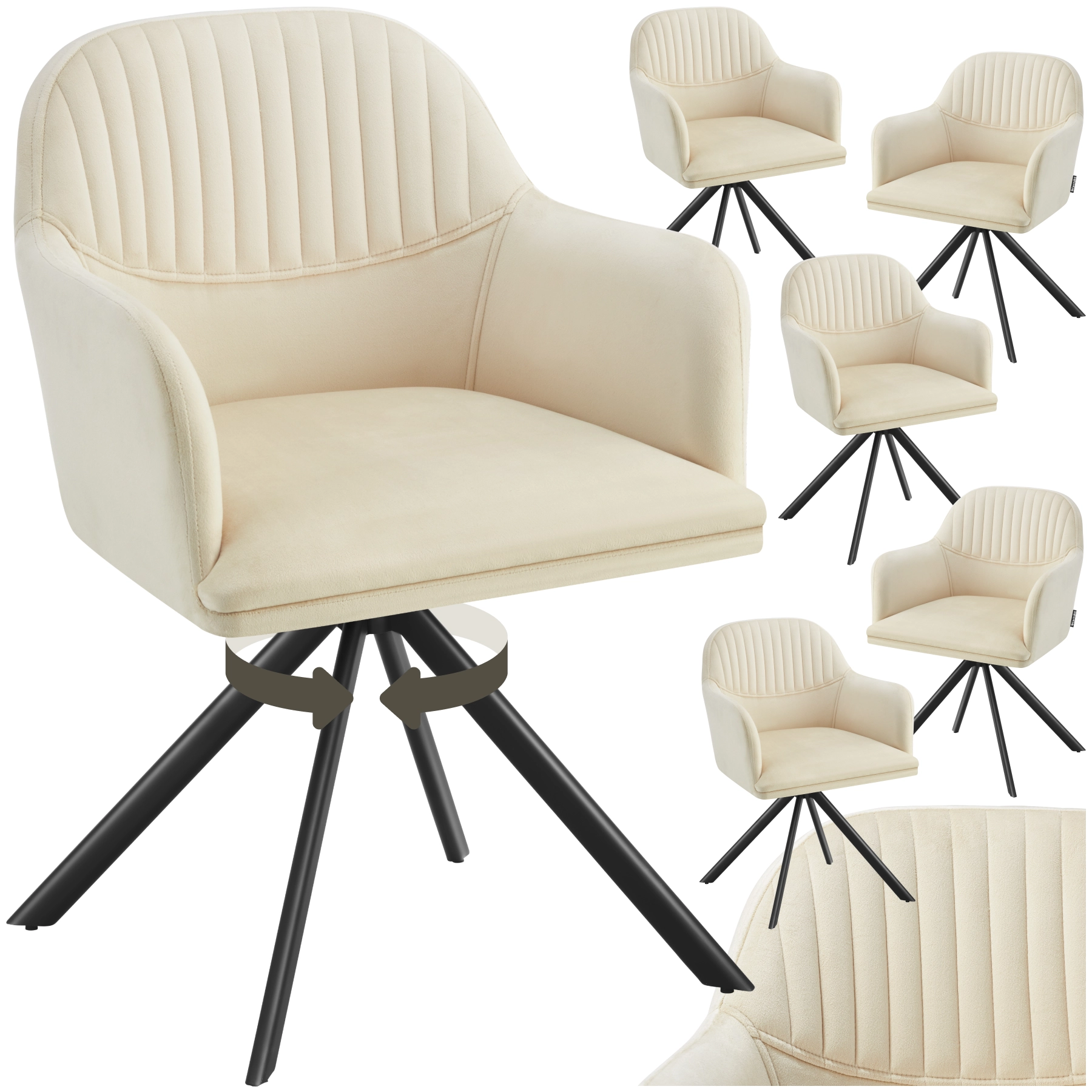Samt-Drehstuhl Lona mit dicker Polsterung - creme/schwarz, 6er Set