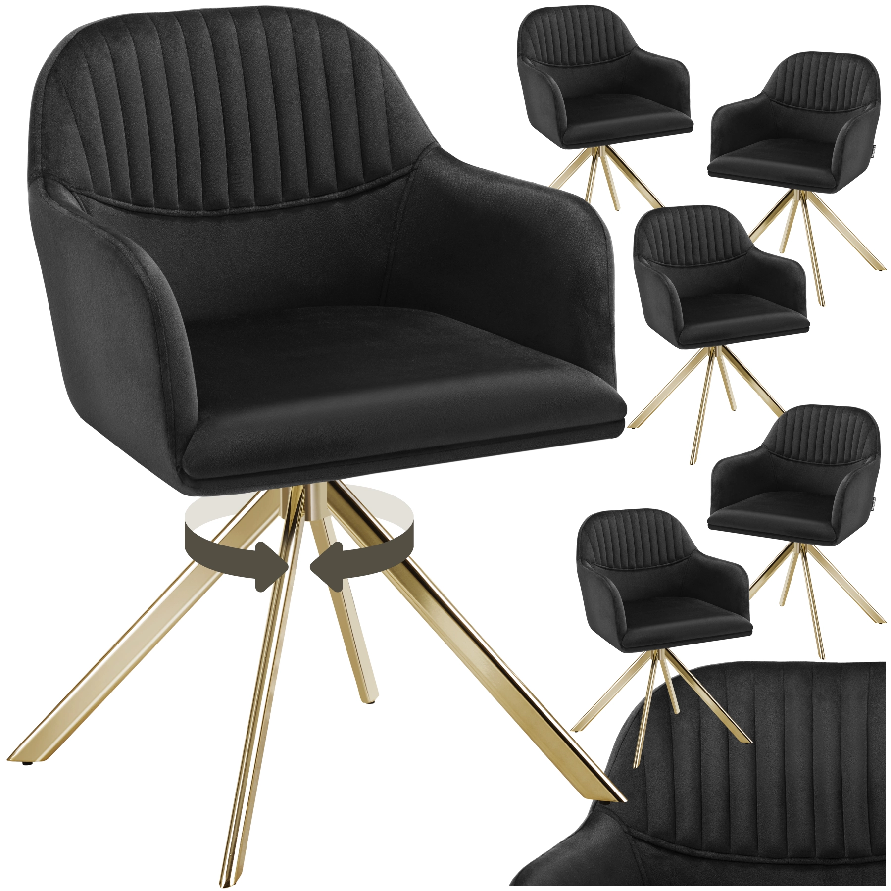 Samt-Drehstuhl Lona mit dicker Polsterung - schwarz/gold, 6er Set