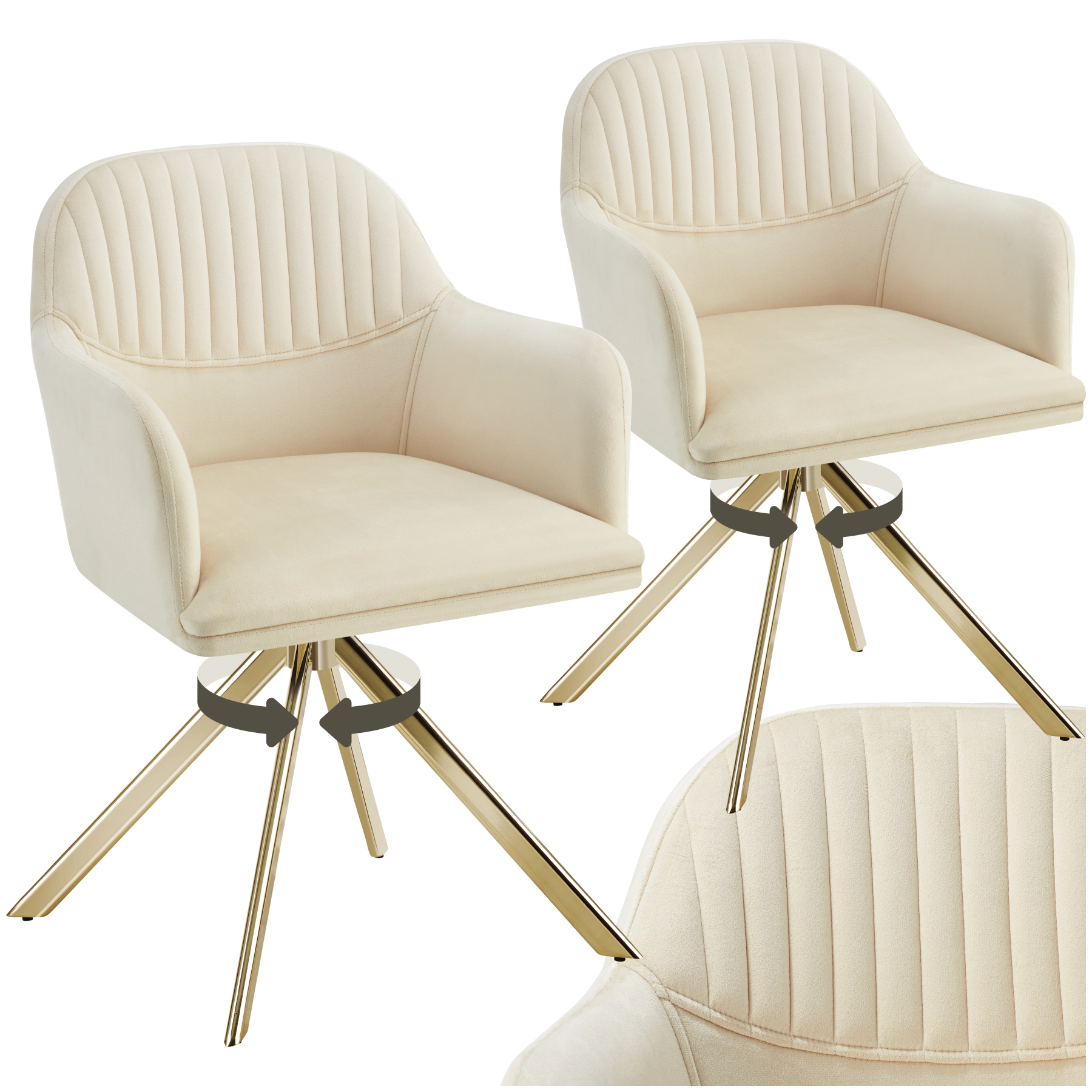 Samt-Drehstuhl Lona mit dicker Polsterung - creme/gold, 2er Set