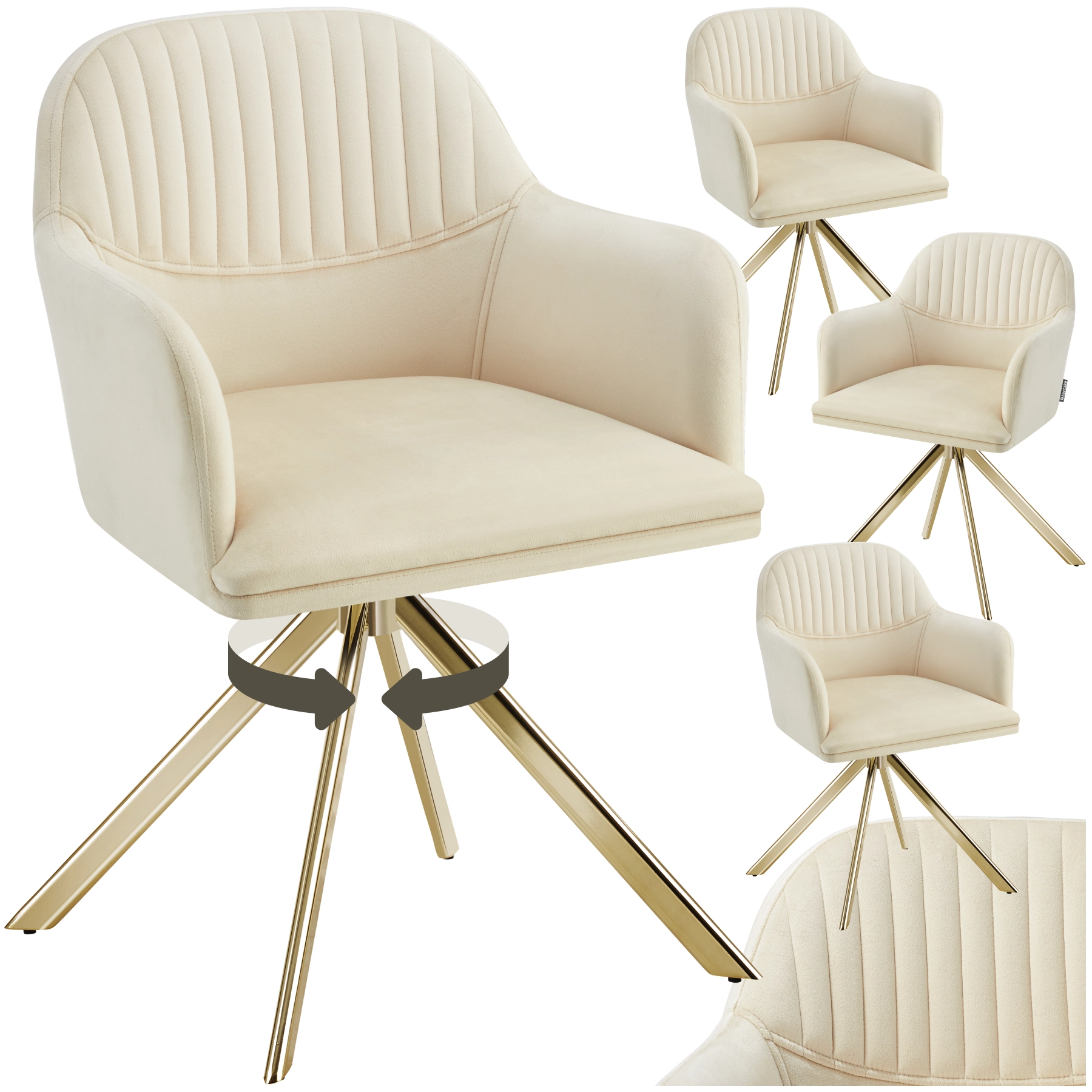 Samt-Drehstuhl Lona mit dicker Polsterung - creme/gold, 4er Set