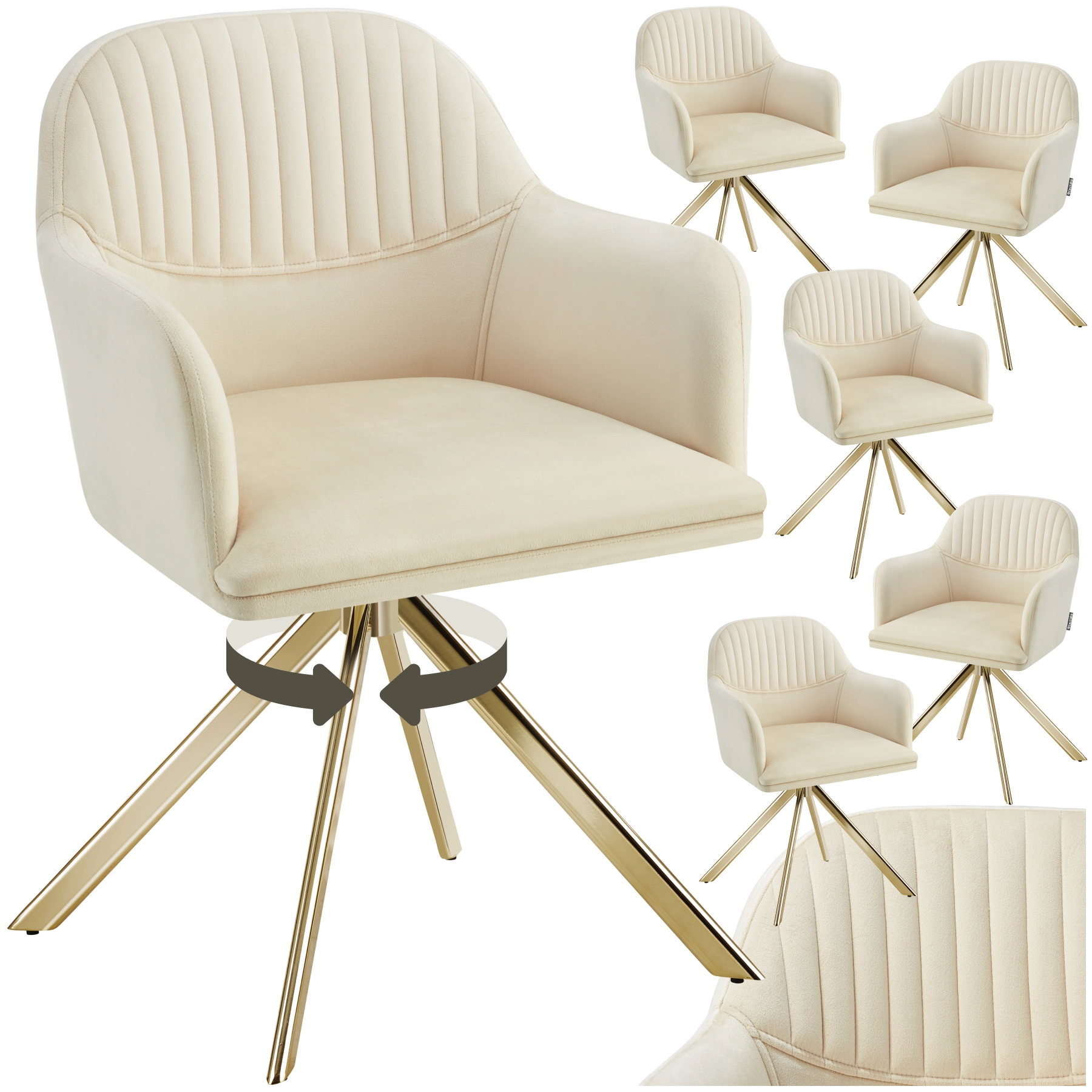 Samt-Drehstuhl Lona mit dicker Polsterung - creme/gold, 6er Set
