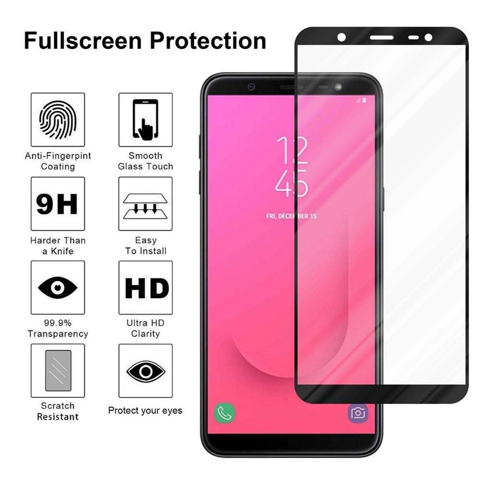 Cadorabo Vollbild Panzer Folie für Samsung Galaxy J8 2018 Schutzfolie in TRANSPARENT mit SCHWARZ Gehärtetes (Tempered) Display-Schutzglas in 9H Härte mit 3D Touch Kompatibilität