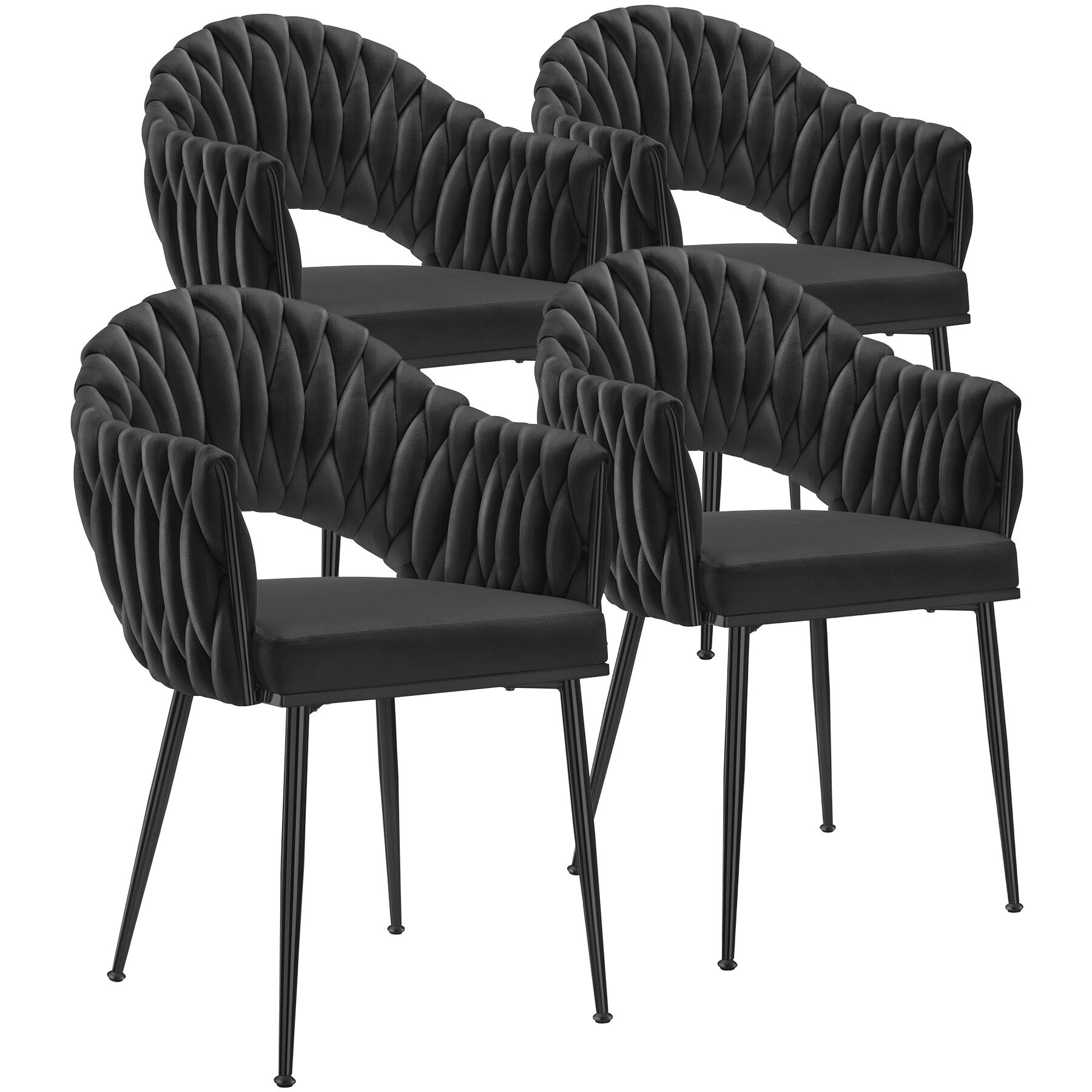 Set Esszimmerstuhl Caslano, Samtbezug, Lehne im Flechtdesign - schwarz/schwarz