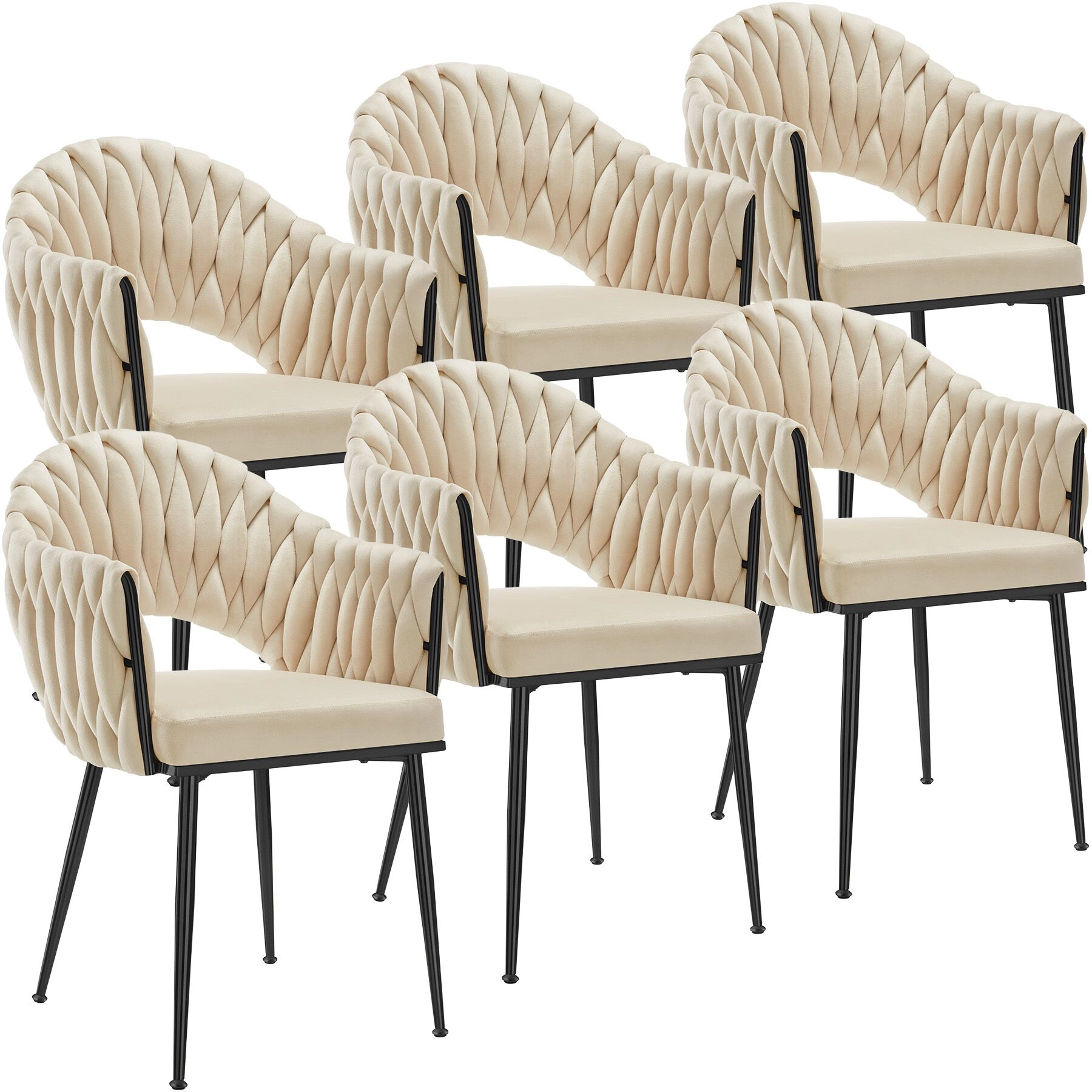 Set Esszimmerstuhl Caslano, Samtbezug, Lehne im Flechtdesign - sandfarben/schwarz