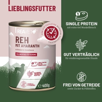 REAVET Hundenassfutter – Reh mit Amaranth an Brokkoli & Heidelbeere 6x400 g