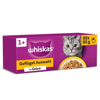 Whiskas Multipack Portionsbeutel 1+ Geflügel Auswahl 4 Varietäten Huhn, Ente, Geflügel, Truthahn in Gelee 80 x 85g