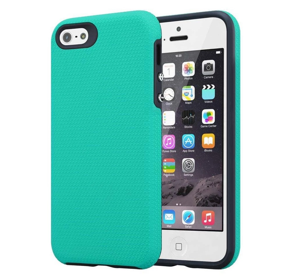 Cadorabo Hülle für Apple iPhone 5 / iPhone 5S / iPhone SE in LILIEN TÜRKIS Outdoor Handyhülle mit extra Grip Anti Rutsch Oberfläche im Triangle Design aus Silikon und Kunststoff Schutzhülle Hybrid Hardcase Back Case