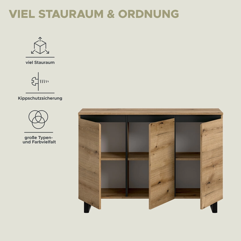 Sideboard Tomasa Metall 120 x 36 x 84 cm Evoke-Oak-Dekor Schwarz/Braun