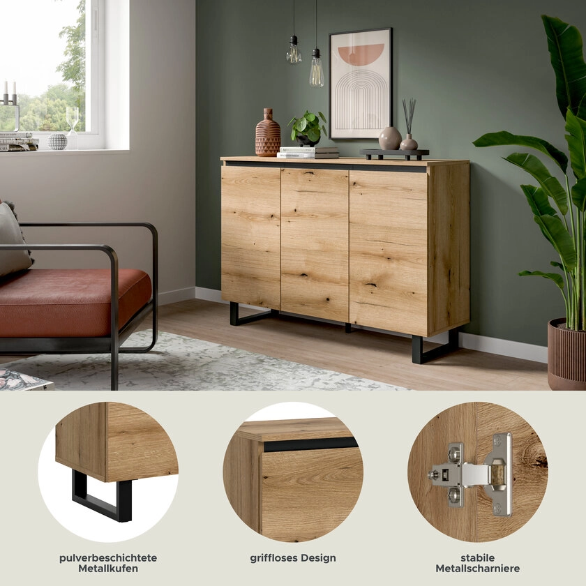 Sideboard Tomasa Metall 120 x 36 x 84 cm Evoke-Oak-Dekor Schwarz/Braun