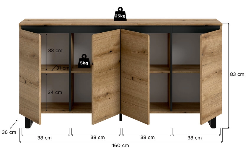Sideboard Tomasa Metall 160 x 36 x 84 cm Eiche-Evoke-Dekor