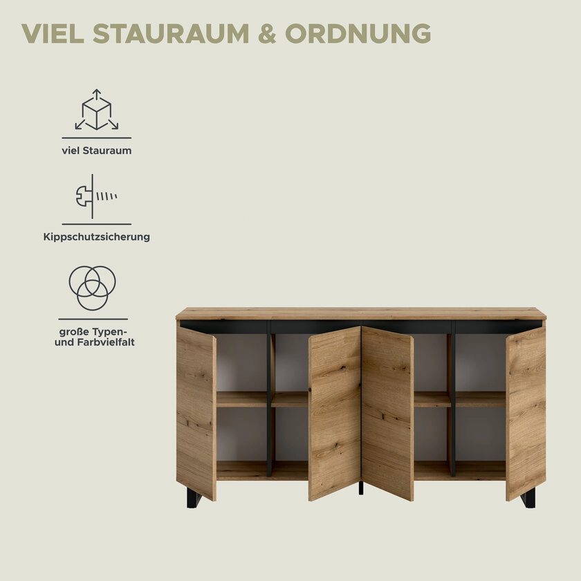 Sideboard Tomasa Metall 160 x 36 x 84 cm Eiche-Evoke-Dekor